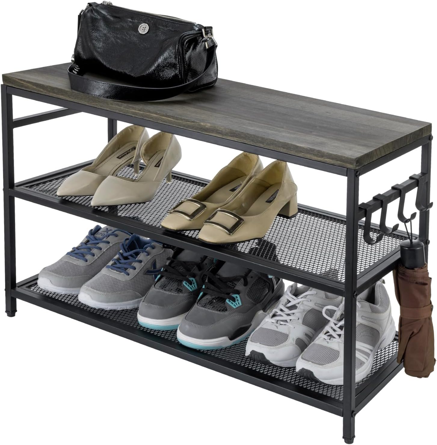 MyGift Modern Black Metal Entryway Shoe Rack Bench with Vintage Weathered Gray Solid Wood Top Shelf, 2 Tiered Mesh Shelf Shoe Display Rack with 4 Hanger Hooks for Shoe Horn, Leashes, Umbrellas