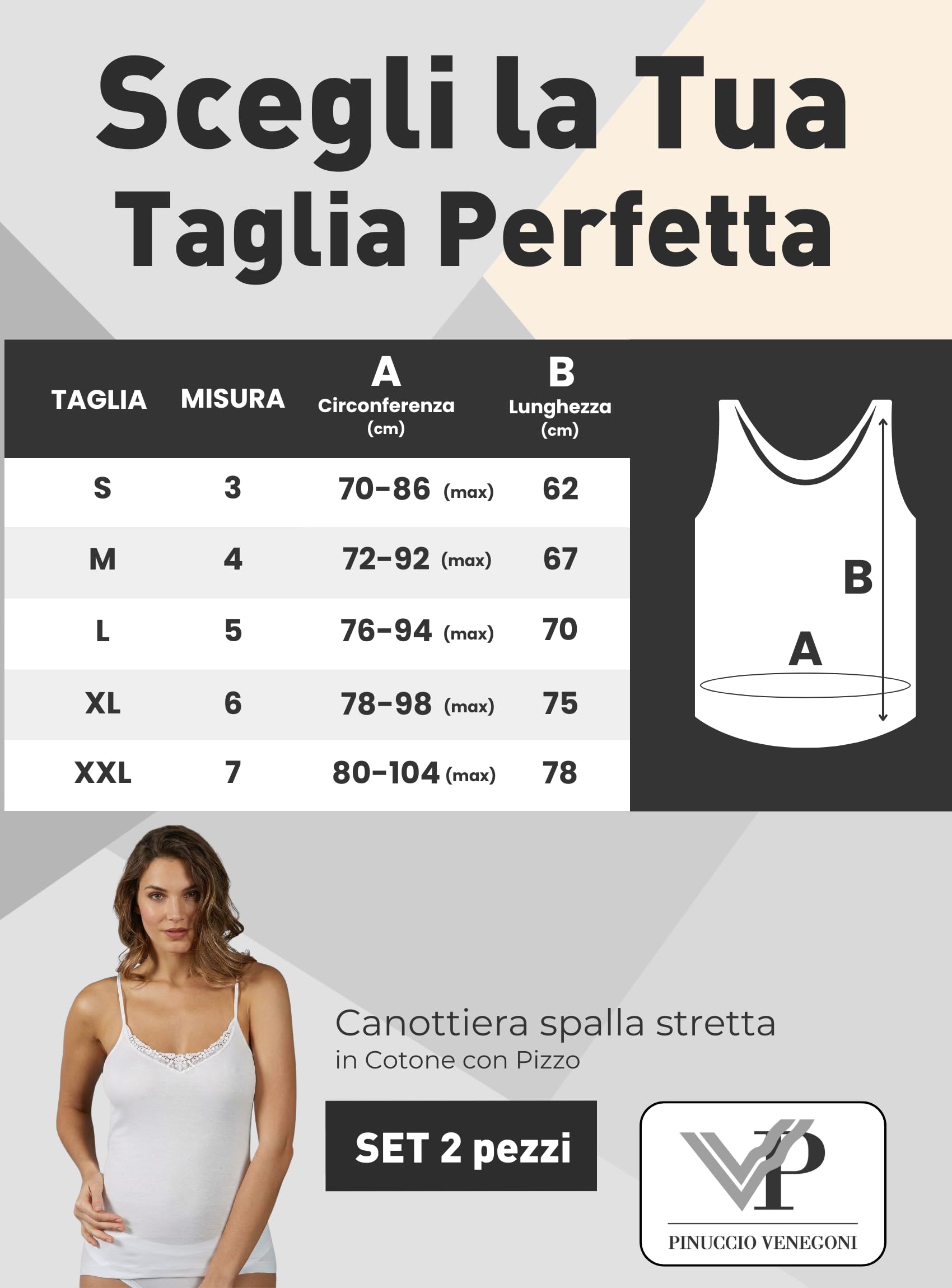 VP PINUCCIO VENEGONI Set 2 Canottiere Donna Cotone 100% Mercerizzato Spalla Stretta | Pizzo macramé, Spalline Sottili, Top Intimo Elegante | Made in Italy