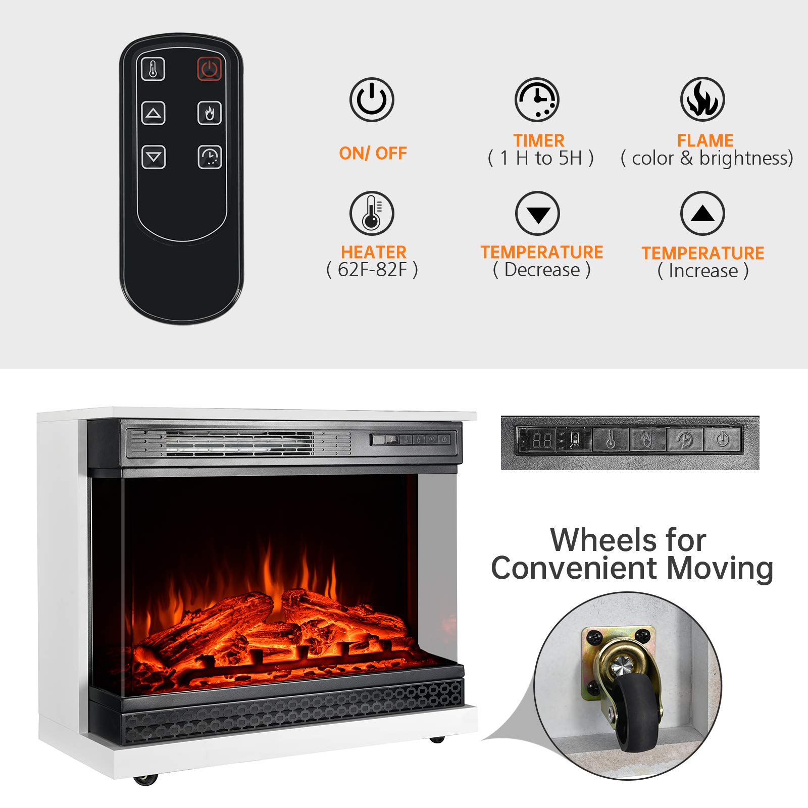 Amazon.com: GMHome 25 Inches Portable Electric Fireplace Free Standing  Heater, Glass Window Three Sides View Window , with Remote u0026 Wheels, 1500W,  White : Home u0026 Kitchen