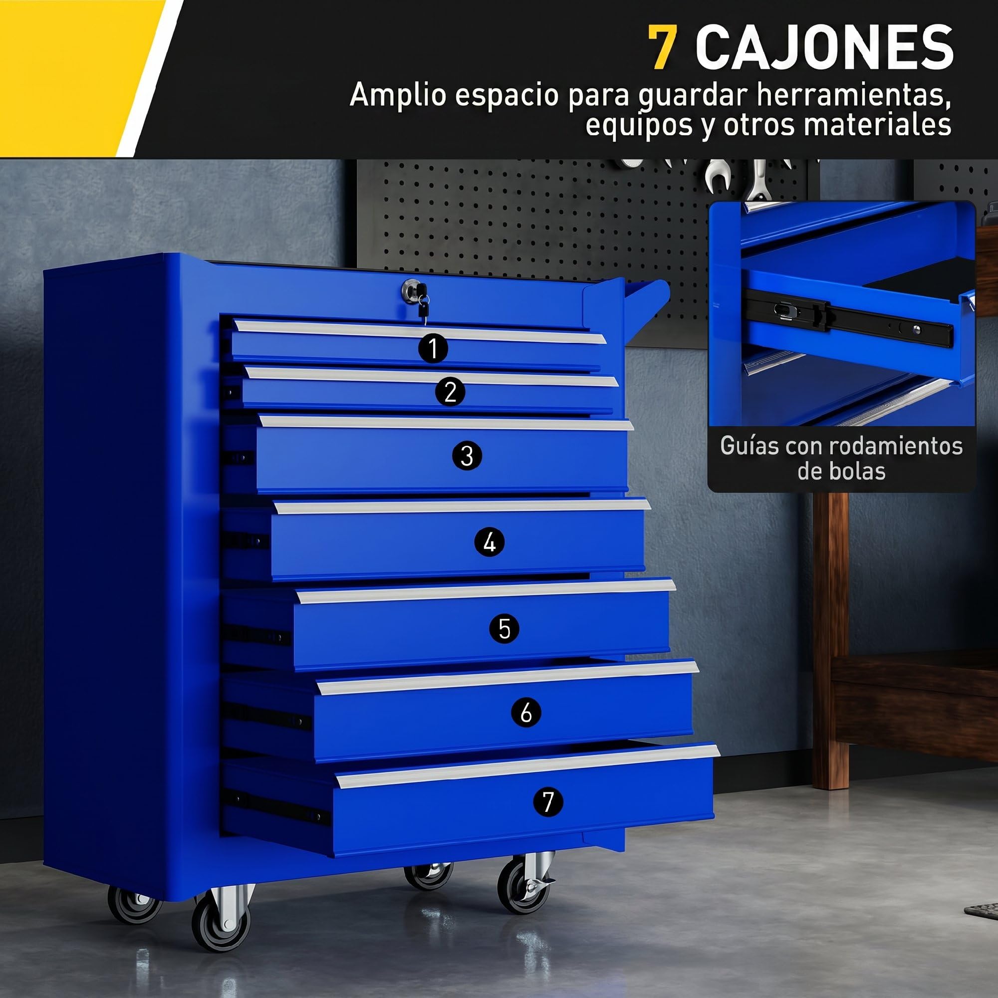 DURHAND Carro de Herramientas con 7 Cajones, Carro de Taller con Cerradura, Asa, 2 Ruedas con Freno de Bloqueo, para Garaje, Hogar, Azul