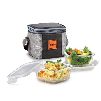 CELLO Glassy Square Lunch Box Set of 2 Pcs (320ml x 2) with Jacket For Office, Transparent | Microwave Safe Leadfree Toughened Glass, Airtight Leakproof Adjustable Carry Strap Tiffin Box For Daily Use