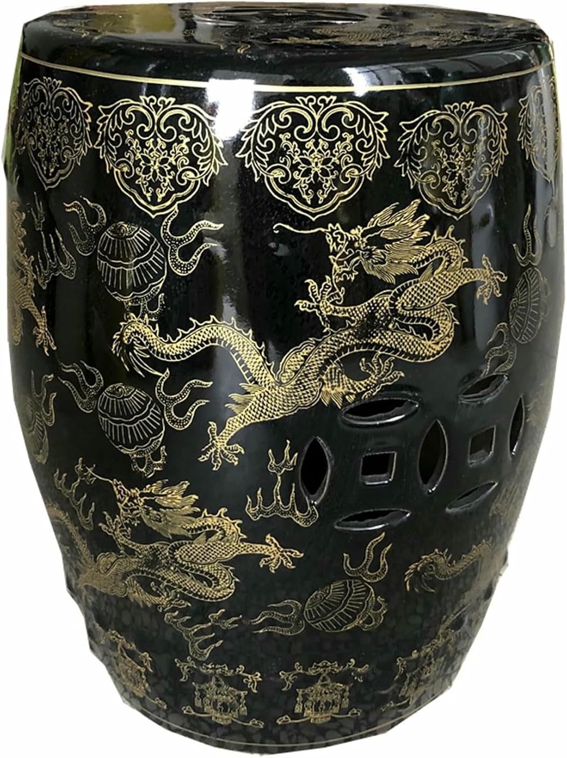 Decorative Ceramic Garden Stool - Chinese Glazed with Gold-Plated Double Dragon Ceramic Drum Stool