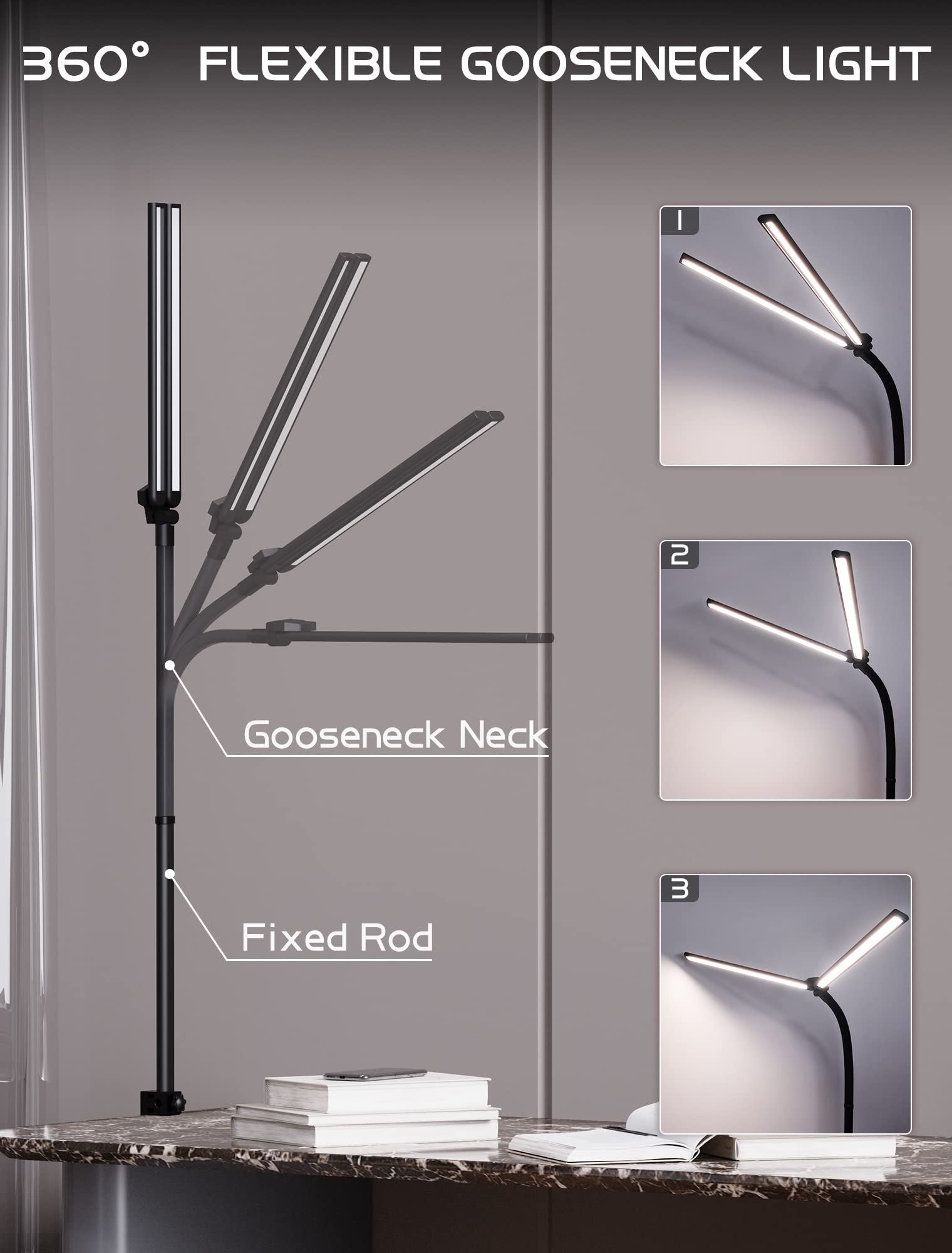 Torchlet Home Office, 24W Architect Desk Lamp with Clamp, 31.5" Wide Gooseneck LED Desk Light, Stepless Dimming Modern Double Head Office Lamp for Workbench Drafting, Task