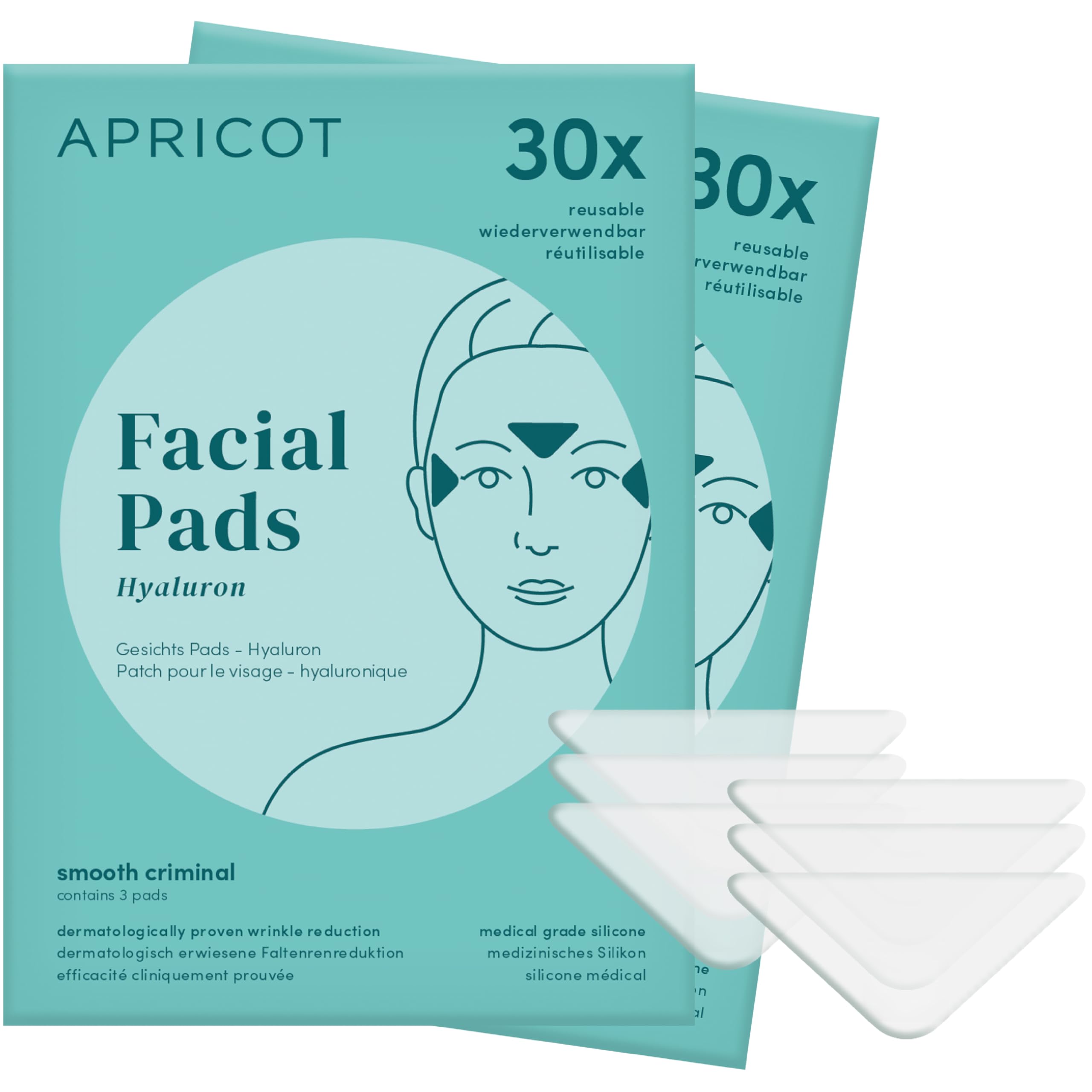 APRICOT Beauty Hyaluron Gesicht Pads "smooth criminal" I 2er Pack I Gesichts Antifaltenpflaster I 30x wiederverwendbare Anti Aging Facial Patches aus Silikon, bei Stirnfalten und Zornesfalten