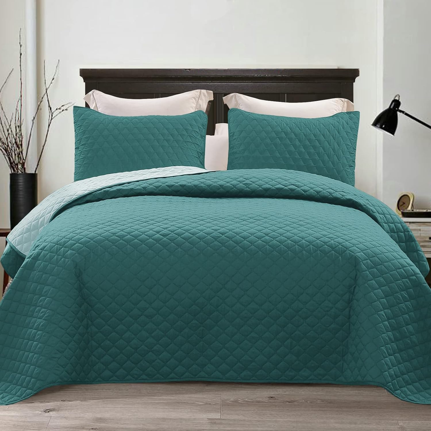 Exclusivo Mezcla Ultrasonic Reversible 3 Piece Full/Queen Size Quilt Set with Pillow Shams, Lightweight Bedspread/Coverlet/Bed Cover - (Teal, 92"x88")