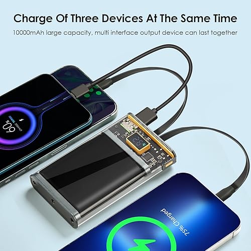 Miniatura 4 de HUOTO Cargador portátil, 10000 mAh con diseño transparente con cable integrado, batería de viaje de carga rápida PD de 22.5 W, cargador portátil de
