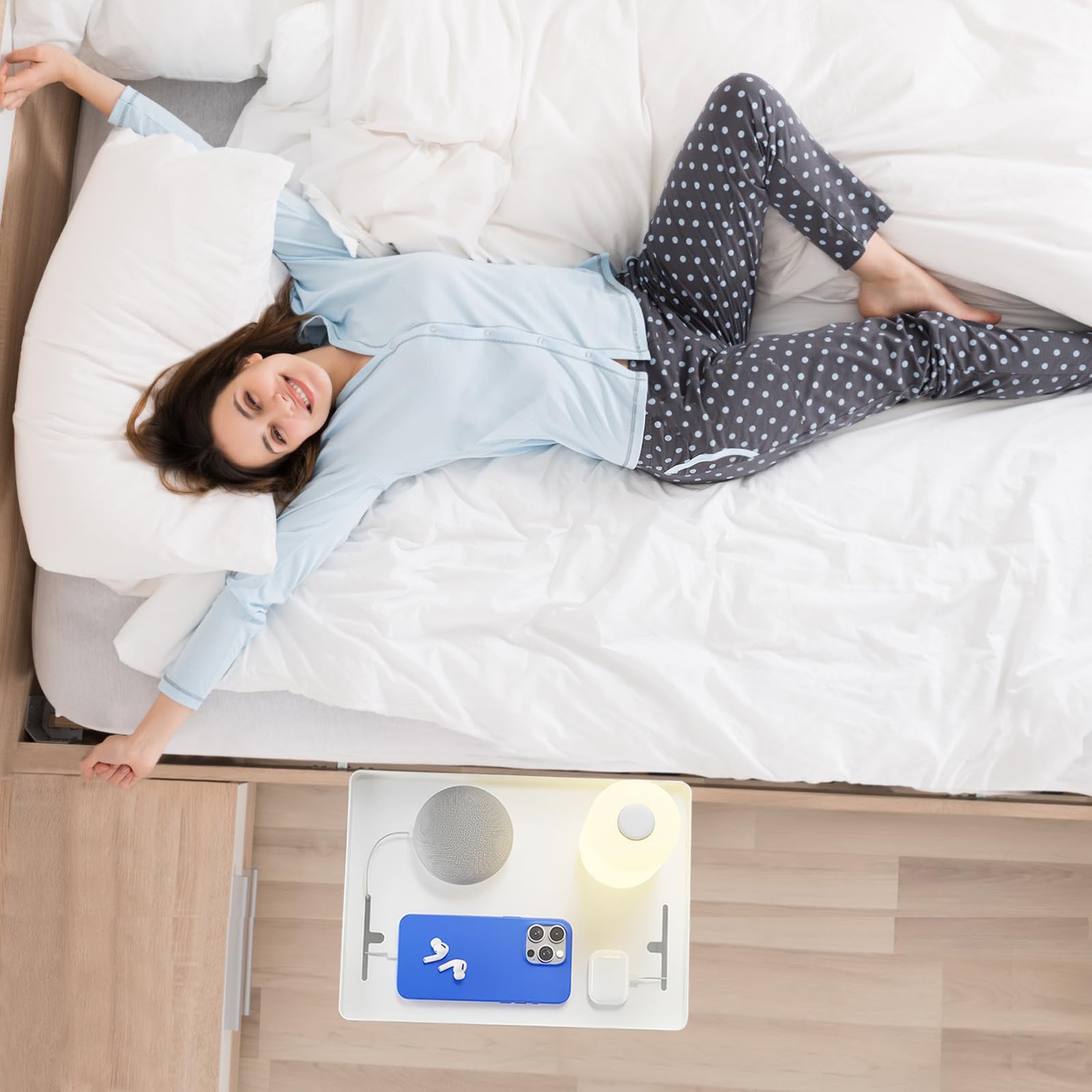 OUZHOU Bettablage zum Einhängen, Regal für Hochbett mit Kabelhalter, Betttablett Schwebend, Nachttisch zum Einhängen für Bett und Etagenbett, Kinderzimmer und Schlafräume