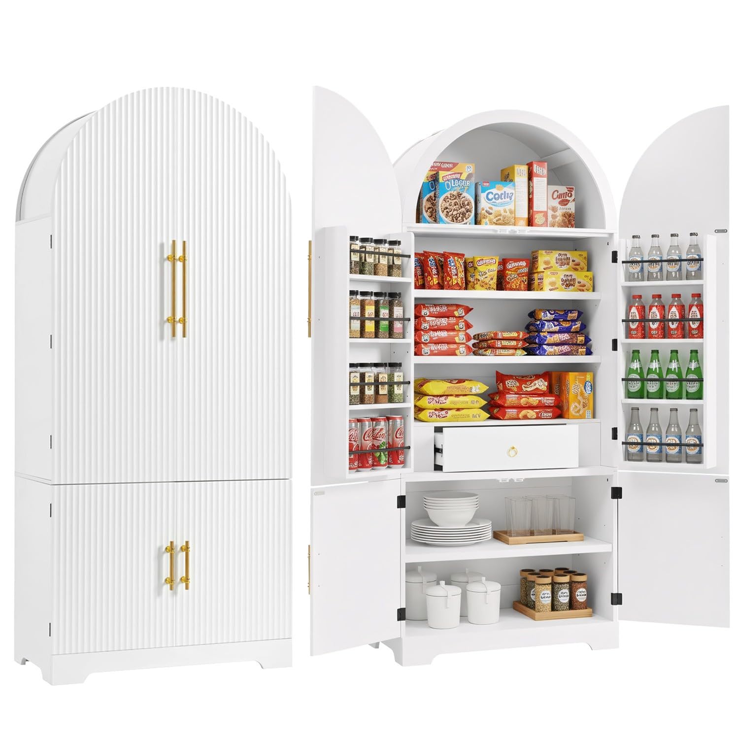 Merax 72" Tall Arched Cabinet Kitchen Pantry with 4 Doors, Fluted Storage Cabinets with 3 Adjustable Shelves & 1 Hidden Drawer & 8 Door Shelves,