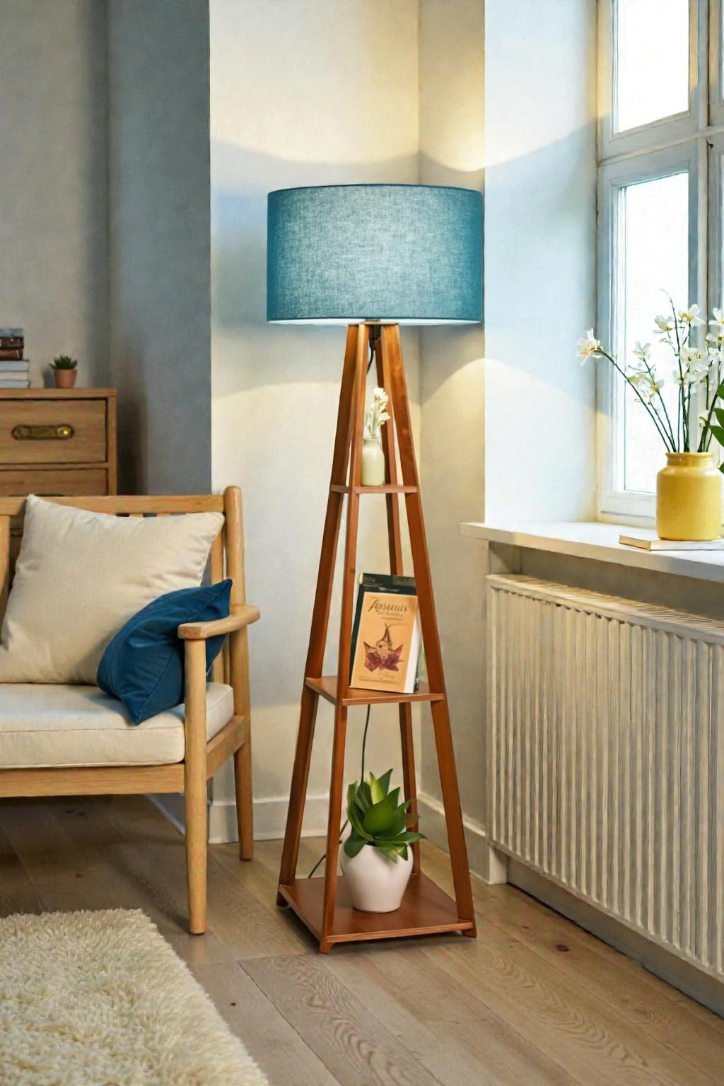 Rustic Accord Wooden Tripod Floor Lamp with Shelves | Blue Fabric Shade Standing Lamp | Modern Decorative Light for Living Room & Bedroom-picture-33