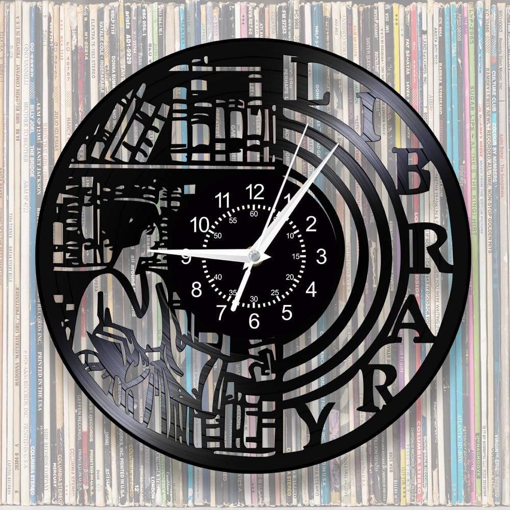 Library Clock Wall Decor, 12 Inch Vinyl Record Wall Clock, Silent Quartz Non Ticking Battery Operated Modern Decorative Analog Black Wall Clock Watch for Study Room Bookworms Book Lovers Gift
