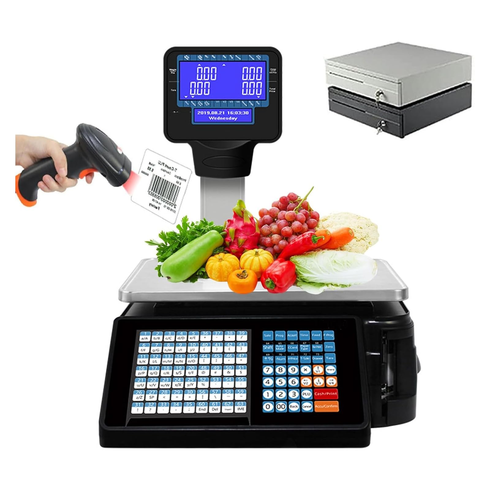 MYUYEE 30Kg/60Lbs Label Printing Scales,Commercial Cash Register,Digital Weighing Scales With Pole Display,Back Front Dual Display,Receipt Label Printing Scale