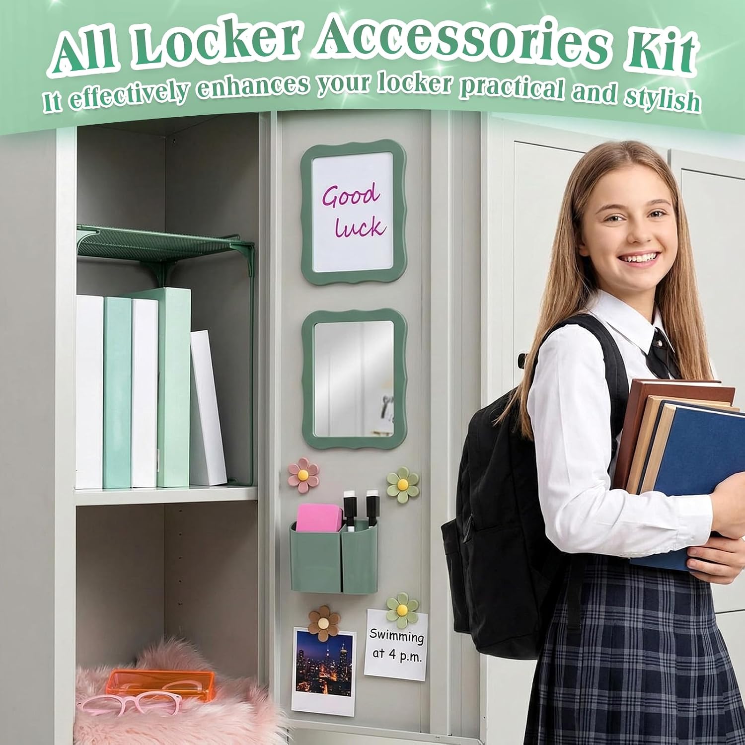 Colarr 16 Pcs Dark Green Locker Accessories for Girls Includes Magnetic Whiteboard & Mirror Locker Shelf Pen Holder 2 Dry Erase Marker & Eraser 9 Flowers for Back to School Essentials Decoration