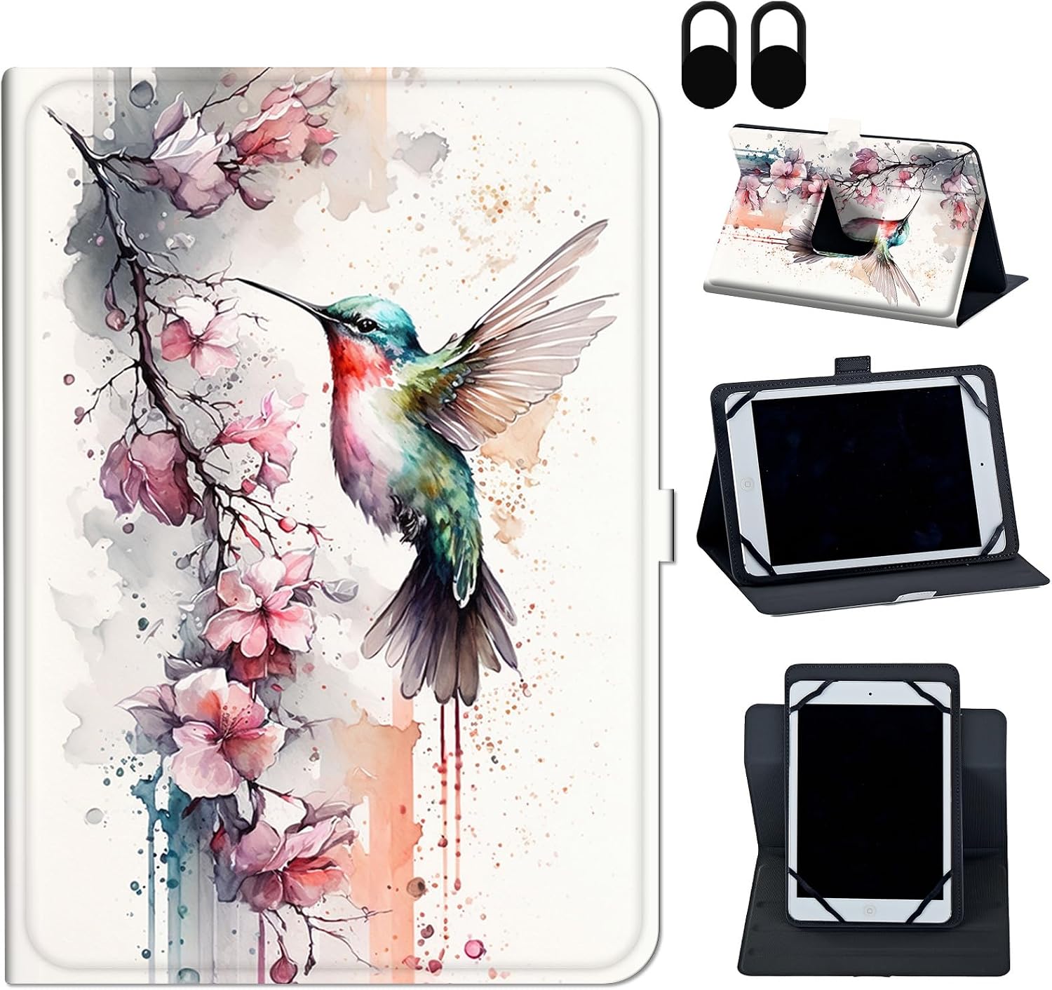 Universal Case for 8-9 Inch Tablet eReader,360 Degree Rotating Case Protective Cover with Kickstand and with Magnetic Closure,for 7.9",8.0", 8.4"/Galaxy Tab 8.0" /Fire HD 8...,Cute Hummingbird Flower