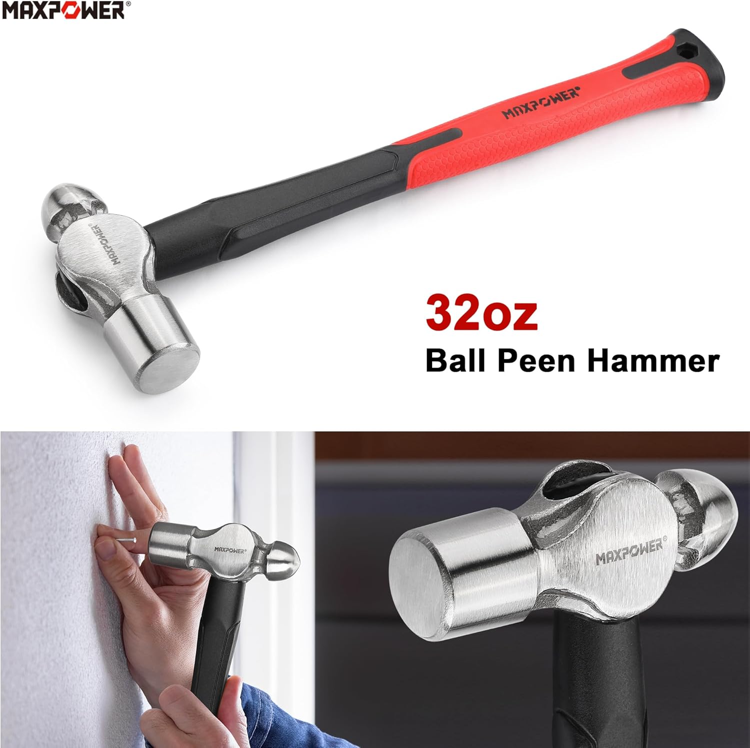 MAXPOWER 5-Piece Hammer Set - 3LB Sledge & Cross Peen, 500g Chipping, 32oz Ball Peen & 24oz Rubber Mallet