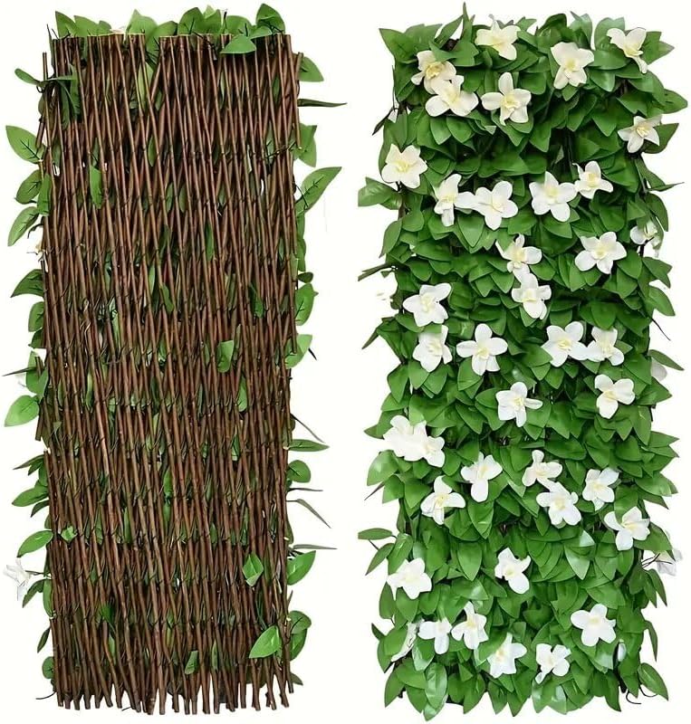 Artificial Orchid & Ivy Privacy Fence Screen – Vibrant Purple Flowers & Green Leaves, Expandable Decorative Wall for Outdoor Garden, Wedding, and Home Decor, Outdoor Decor (White)
