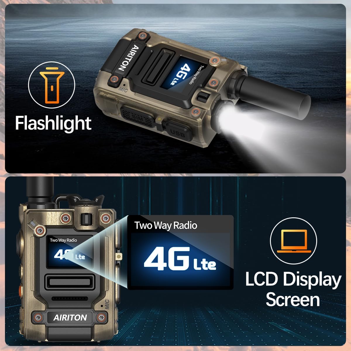 Airiton AI-G7 radio with its flashlight activated, showing the bright beam and the LCD display.