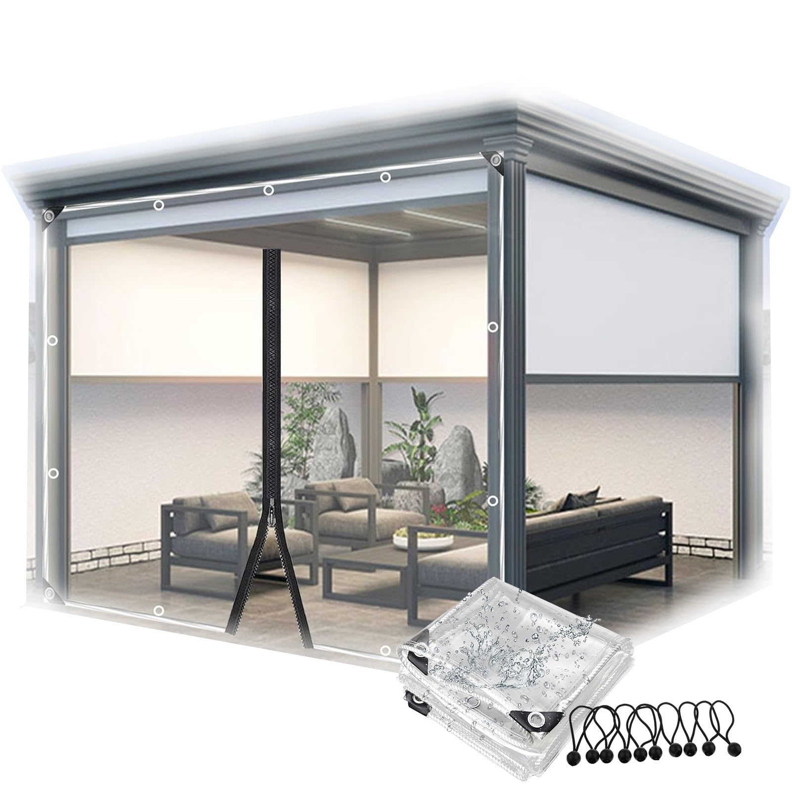 wasserdichte Abdeckplanen mit Reissverschluss Transparente PVC Plane Seitenteil Outdoor Durchsichtige Plane Vorhänge, für Pergola Terrasse Pavillon(3x2m/9.8x6.5ft)