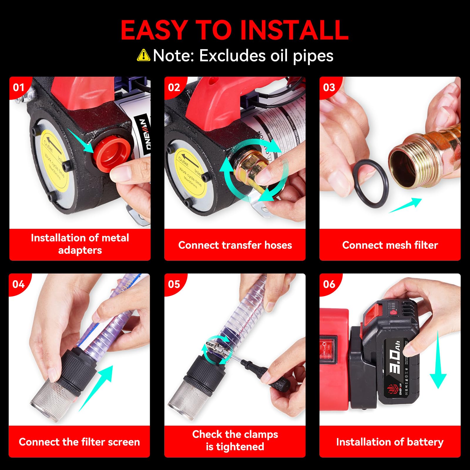ONEVAN Bomba de Gasoil Inalámbrica 50L/min, Bomba de Combustible Eléctrica Inalámbrica & Bomba de Gasoil Portátil con 2x 3.0Ah Baterías, Para Gasoil y Queroseno – Ideal para Tractor, Camión, Barco