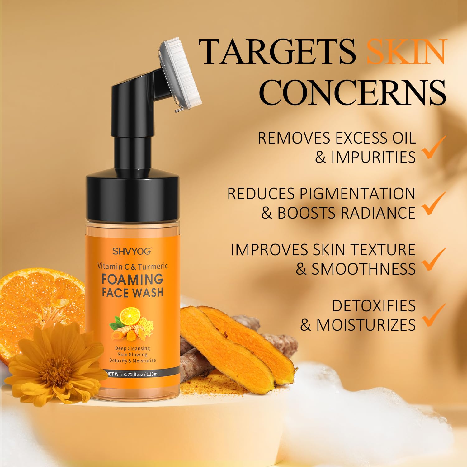 Vitamin C Turmeric Foaming Face Wash, Foaming Cleanser for Skin Tone Reduces Fine Lines & Wrinkles, Exfoliating Face Wash - Image 2