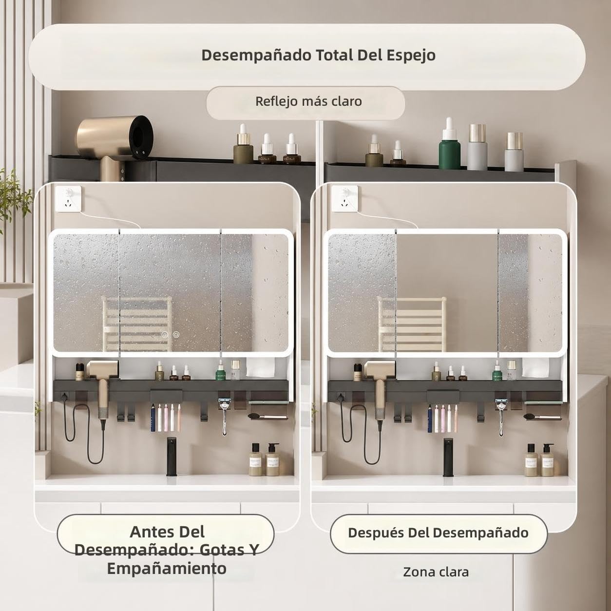 Armario con Espejo Inteligente para baño con Enchufe Integrado para secador de Pelo, Estante de Almacenamiento, Forma Redondeada, multifunción para Maquillaje