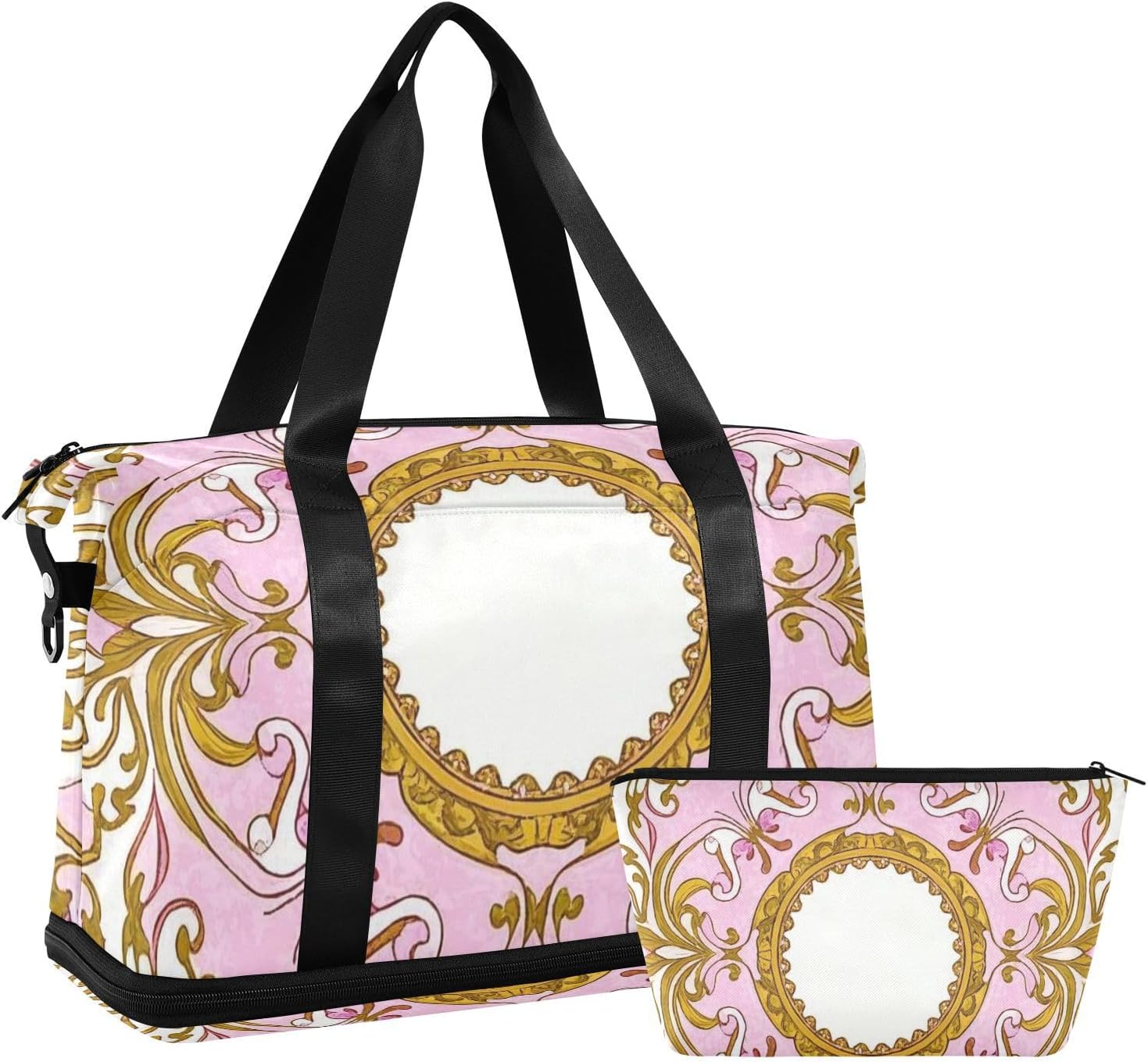 Elegant Floral Pattern Peach Gold Sports Tote Gym Bag Carry On Weekend Bag with Toiletry Bag for Airplane Traveling Foldable