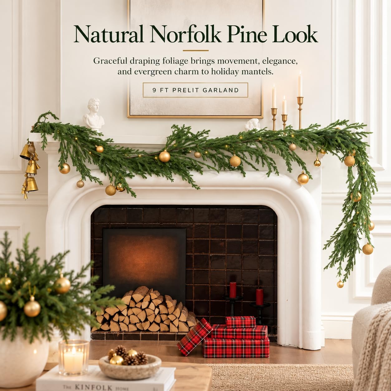 Prelit 9 FT Norfolk Pine Garland with Lights, Real Touch Artificial Christmas Greenery Garland for Mantel, Stairs, Doorway and Holiday Home Decor(Norfolk Pine, 9 FT, Prelit)