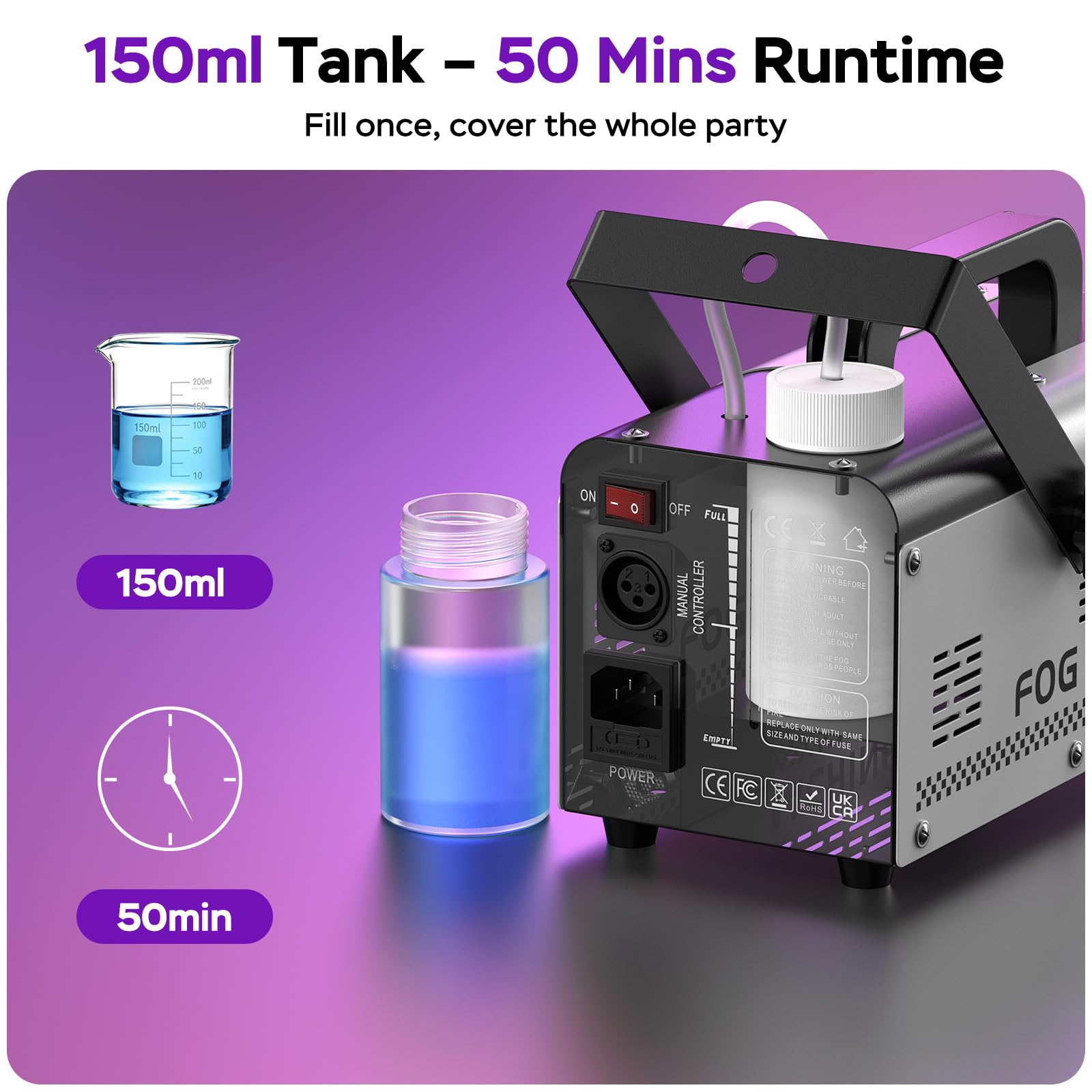 Machine à fumée Mini 1000W avec 6 LED RGB, télécommande et commande filaire