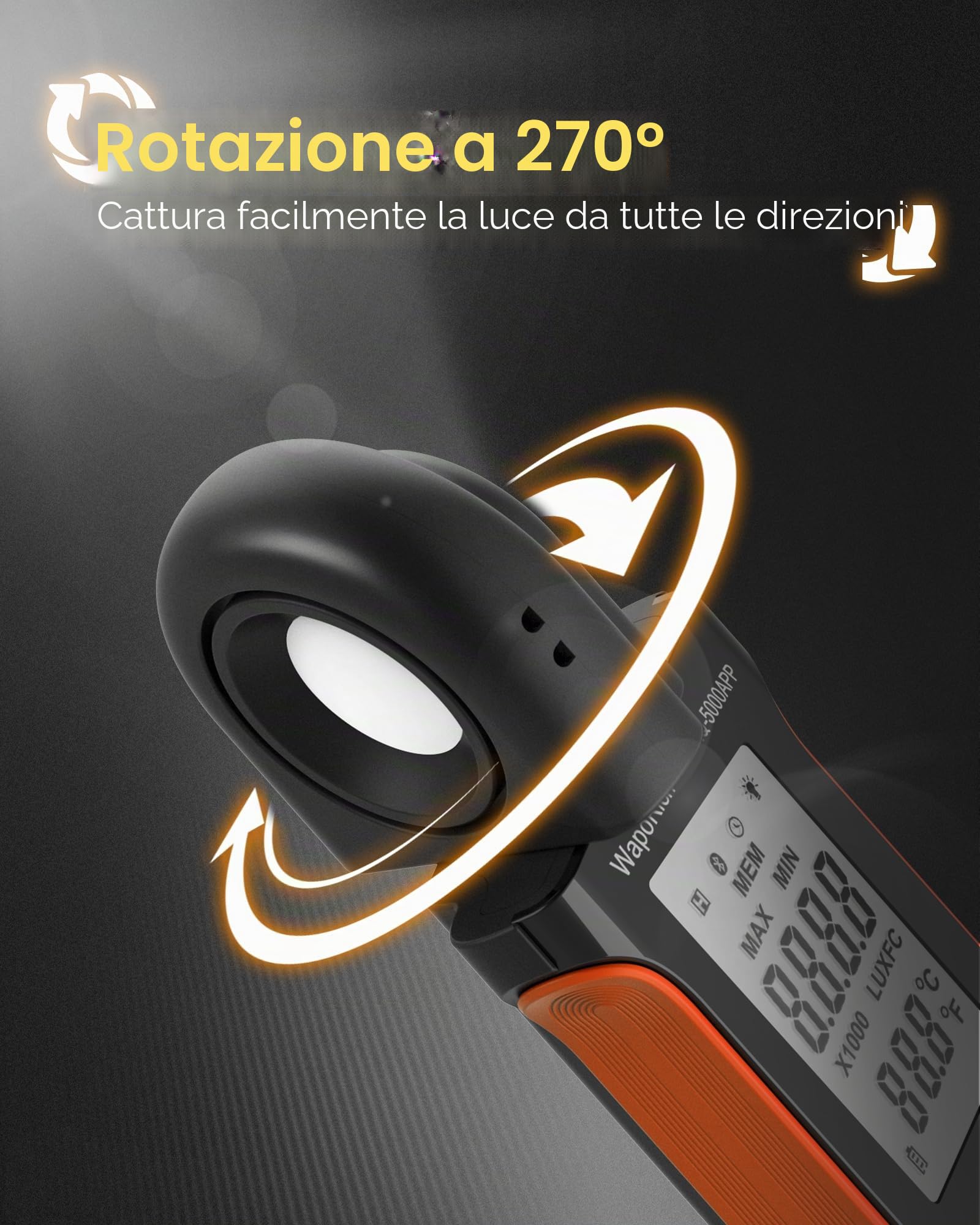 Luxmetro Bluetooth Professionale, WapoRich Misuratore di Luce Digitale Misura 1~400.000 Lux/FC con Temp Ambientale e Schermo Retroilluminato per Piante, Esposimetro Fotografico e Luci LED - RQ-5000APP