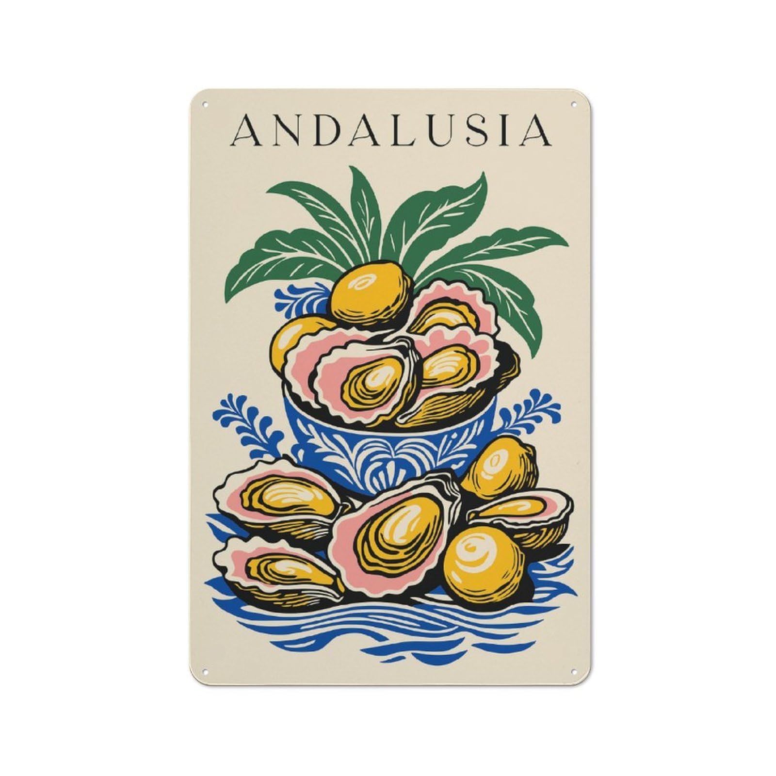 Junmoney Style-10 Andalusia Oysters And Lemons Still Life Outdoor Room Metal Wall Decor 30X20cm, Rustic Tin Sign For Shed, Garden Room, Porch Or Garage