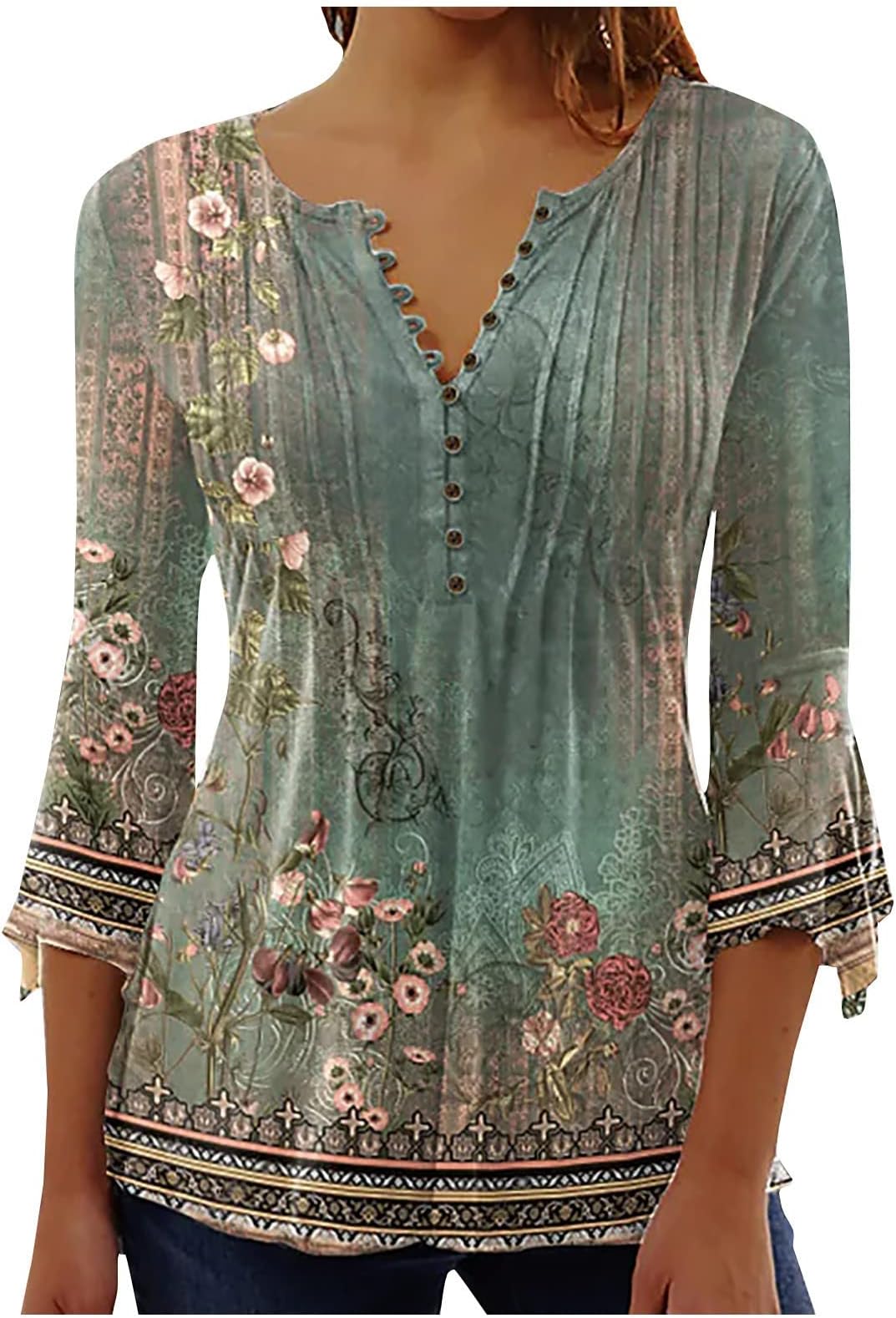 Womens Tops Dressy Casual Button Down Shirts Floral Print Tunic Summer Tops Bell 3/4 Sleeve V Neck Spring Blouses