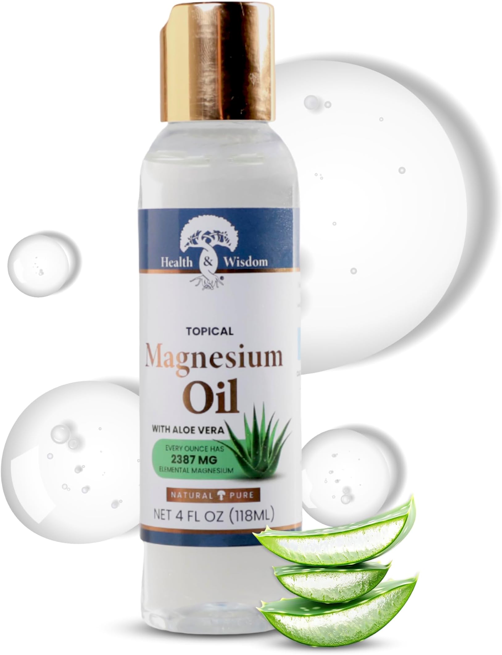 Health & Wisdom Pure Magnesium Oil with Aloe Vera - Topical Muscle & Joint Relief- Natural and Pure USP Grade Extra Strength Magnesium - Enhanced Absorption - 4 fl oz