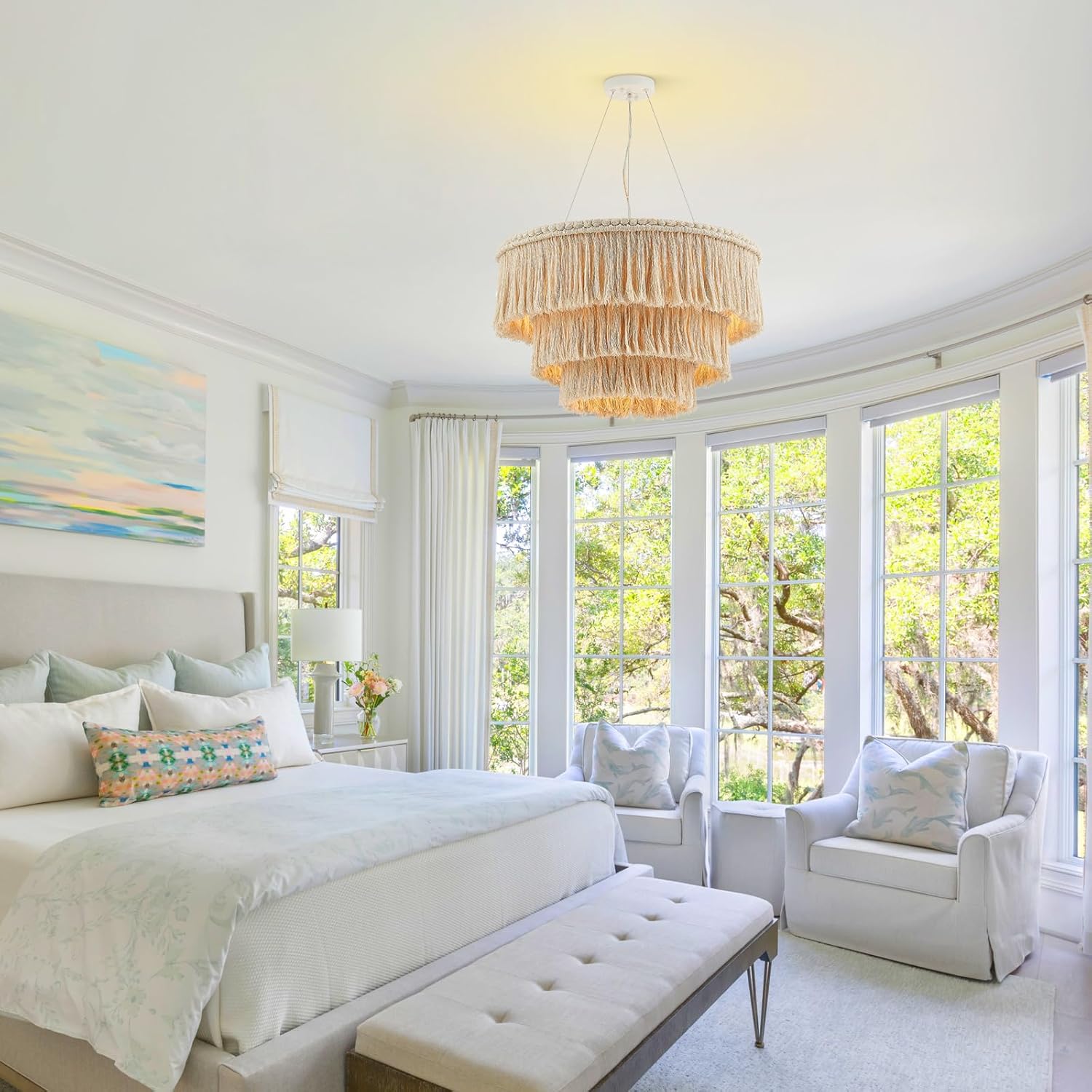 24” Fringe Chandelier with Tassels 3-Tier Boho Hand Woven Pendant Light for Dining Room Kitchen Island Living Room Foyer, UL Listed