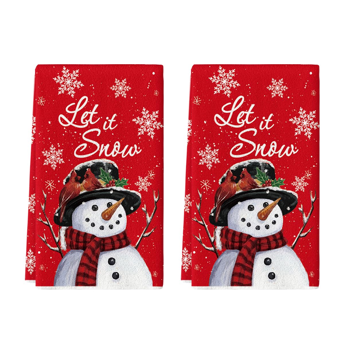 Artoid Mode Red Snowman Let It Snow Winter Kitchen Towels Dish Towels, 18x26 Inch Seasonal Christmas Decoration Hand Towels Set of 2