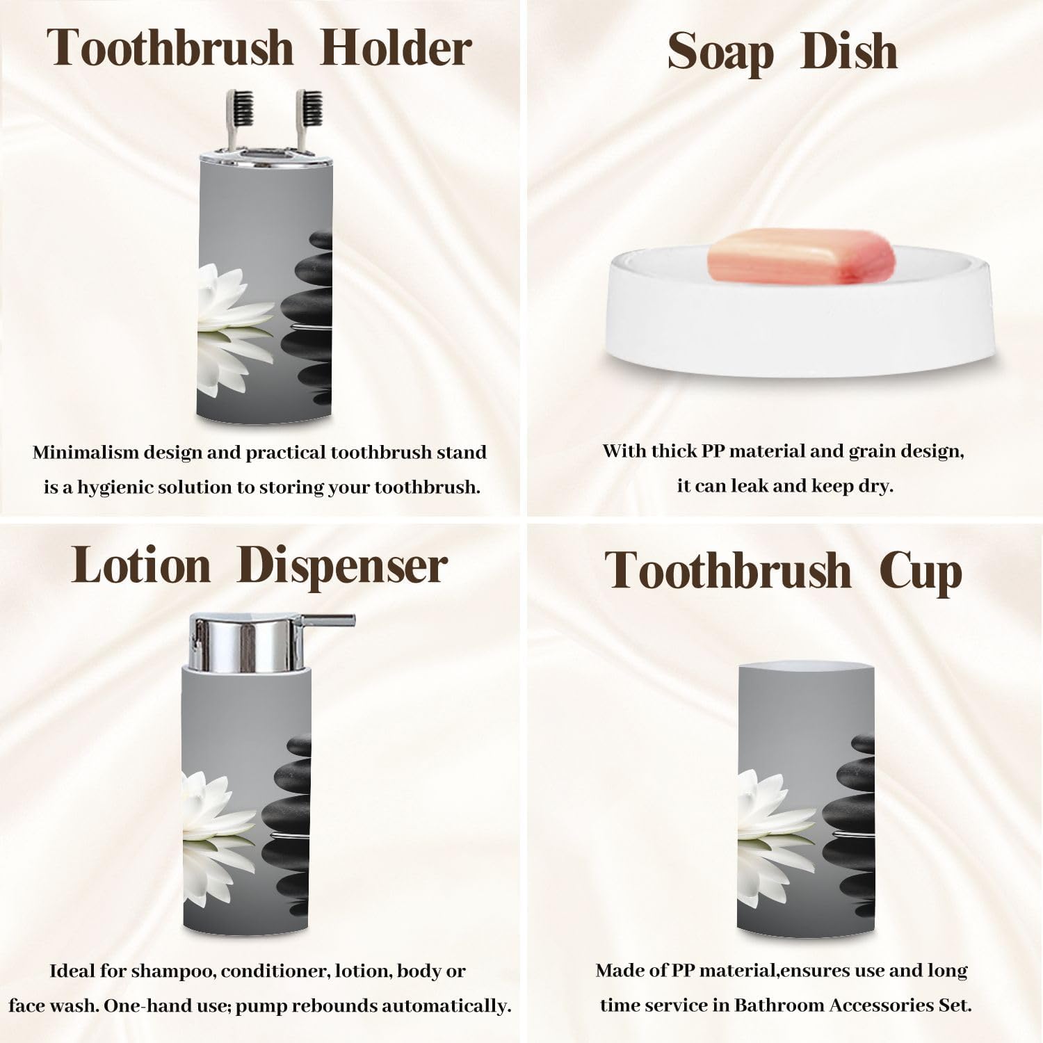 Bathroom Accessory Set 6 Piece Zen White Lotus Black Zen Stones Yoga Spa Spiritual Room Lotus Trash can, Toothbrush Holder, Soap Dispenser, Soap Dish, Toothbrush Cup, Toilet Brush Holder