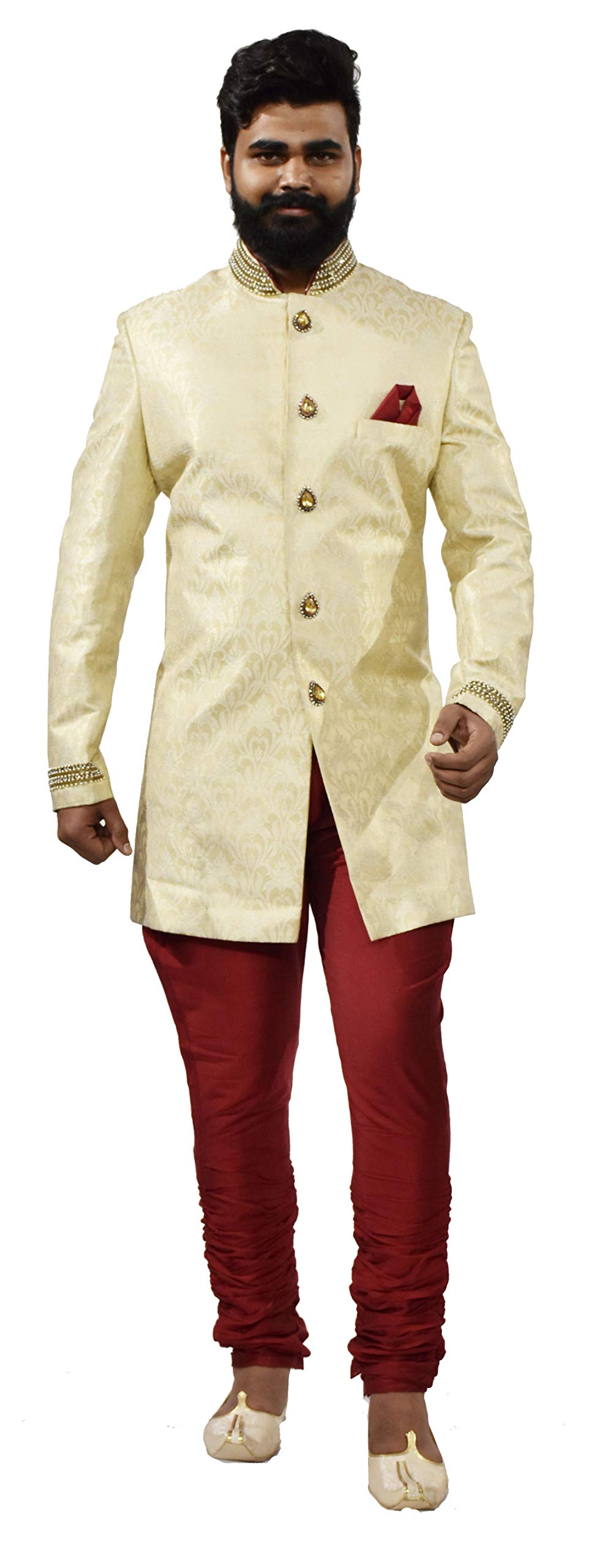 Men's Indowestern Gold & Cream Print With Maroon Polo Pant-image-22