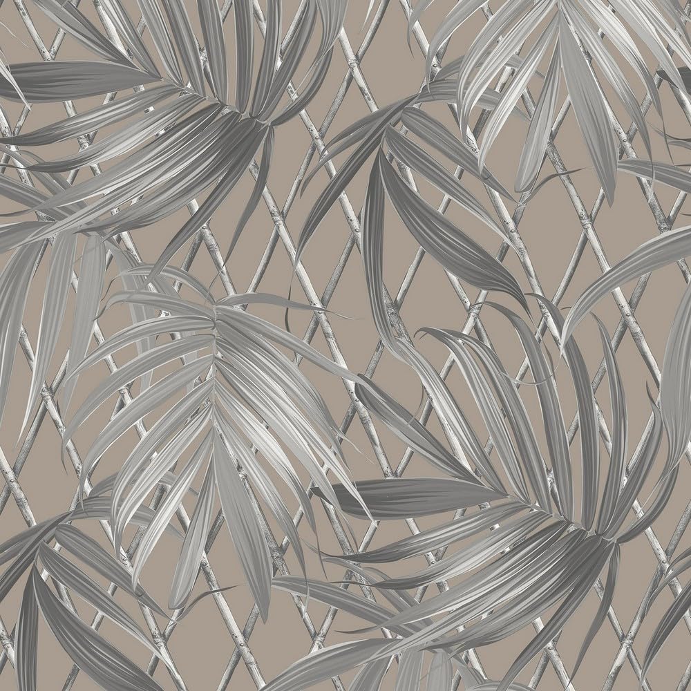 Yöl Palm Leaf Wallpaper Taupe Heavyweight Vinyl Bamboo Trellis Tropical Grey