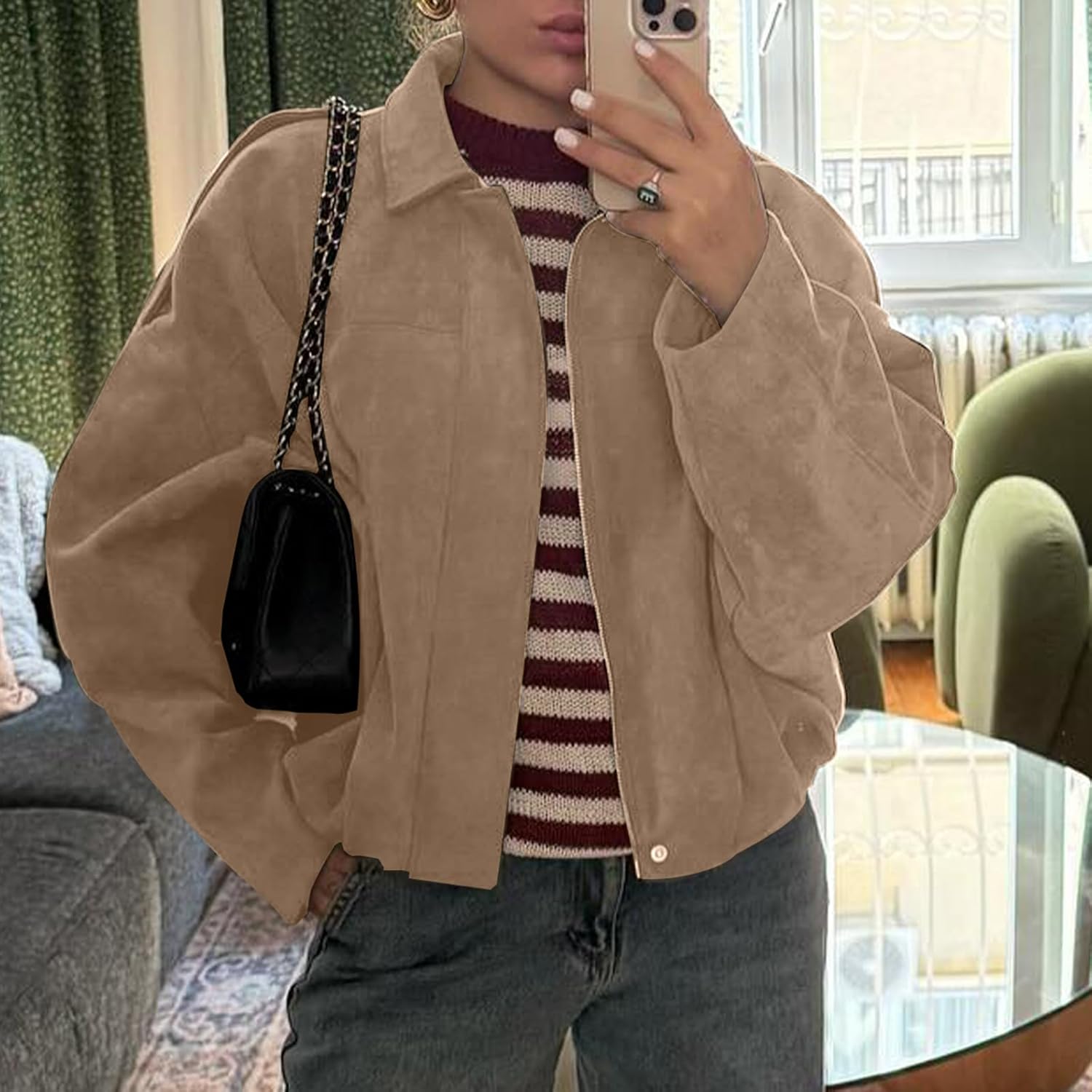 HOTIAN Women's Faux Suede Bomber Jacket Zipper Pilot Coat Casual Lapel Oversized Long Sleeves Y2K Outerwear Coats - Image 5