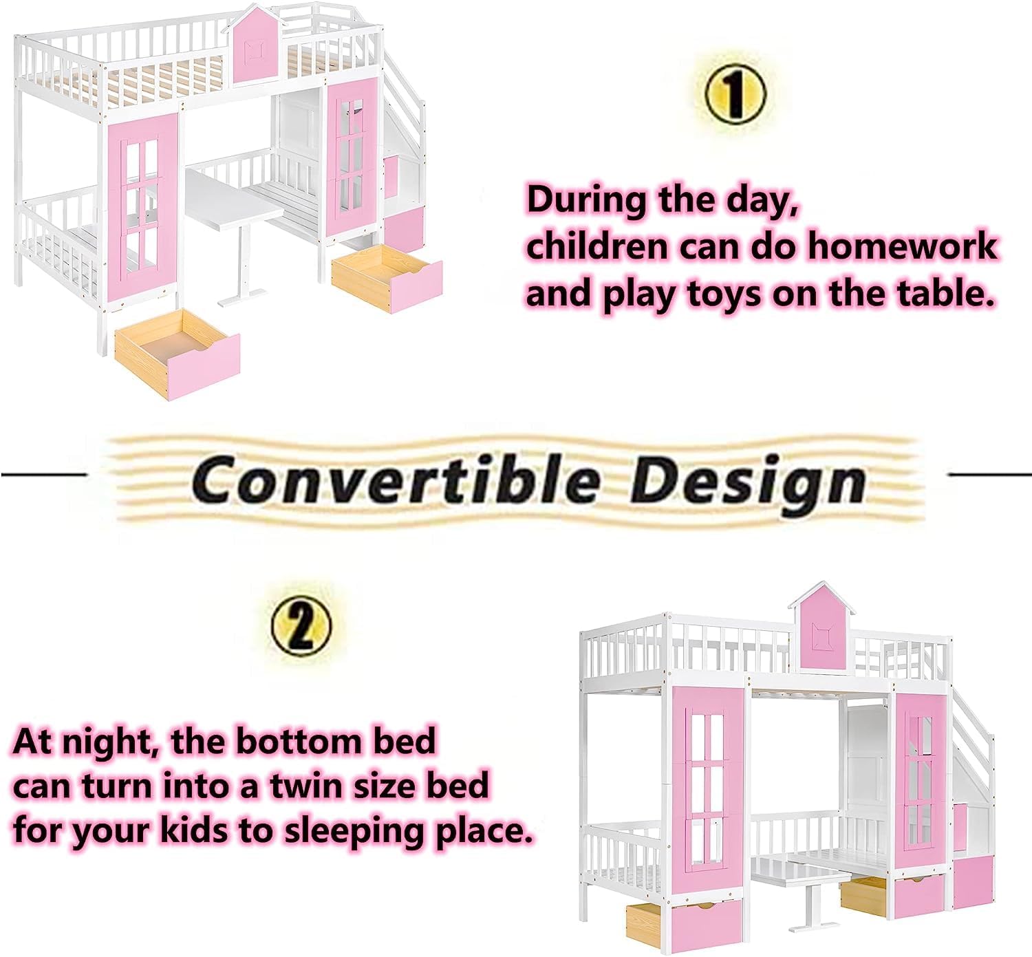 Twin Over Twin Castle House Loft Bed with Stairs and Storage Drawers,Solid Wood Princess Convertible Bunk Bed with Desk and Seat (Pink (Convertible))