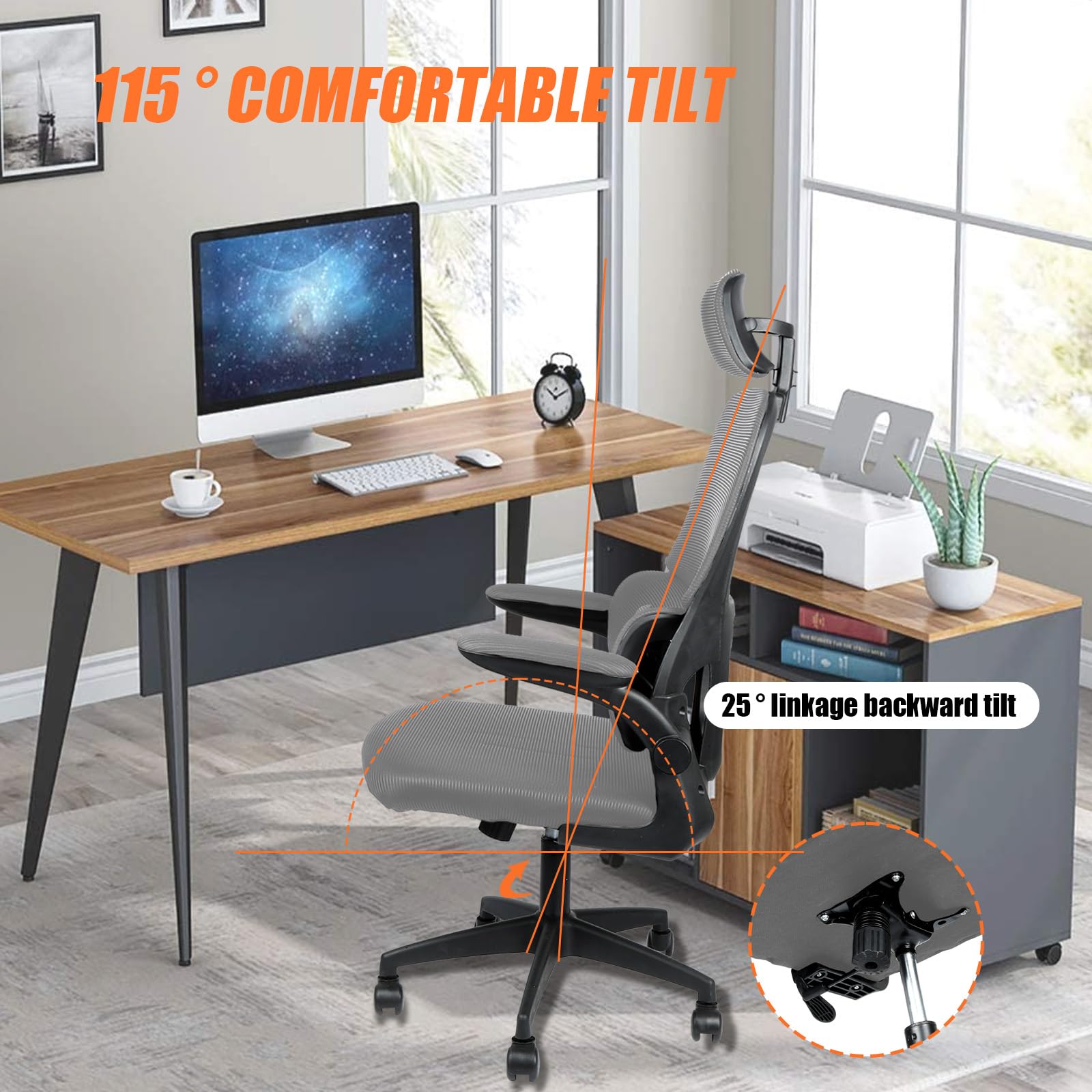 Bürostuhl Ergonomisch Schreibtischstuhl mit Klappbaren Armlehnen, Mesh Drehstuhl mit Dynamischer Lordosenstütze & 115° Wippfunktion, Verstellbare Kopfstütze für Home Office,Grau