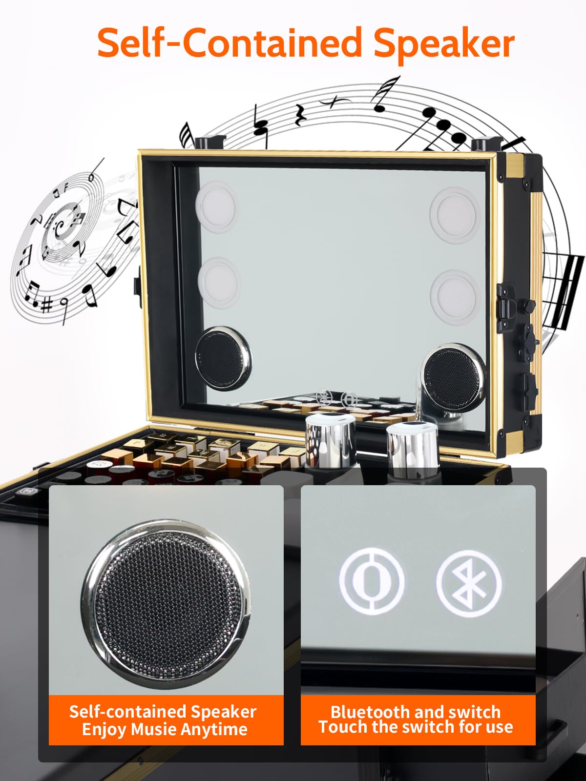 EBANKU Faltbarer Nageltisch, 360° rollender Maniküretisch, tragbarer Reise-Nagelschreibtisch, professioneller Kosmetik-Trolley, Nagelstation mit Schubladen/Spiegel/Bluetooth-Player, Schwarz / Gold