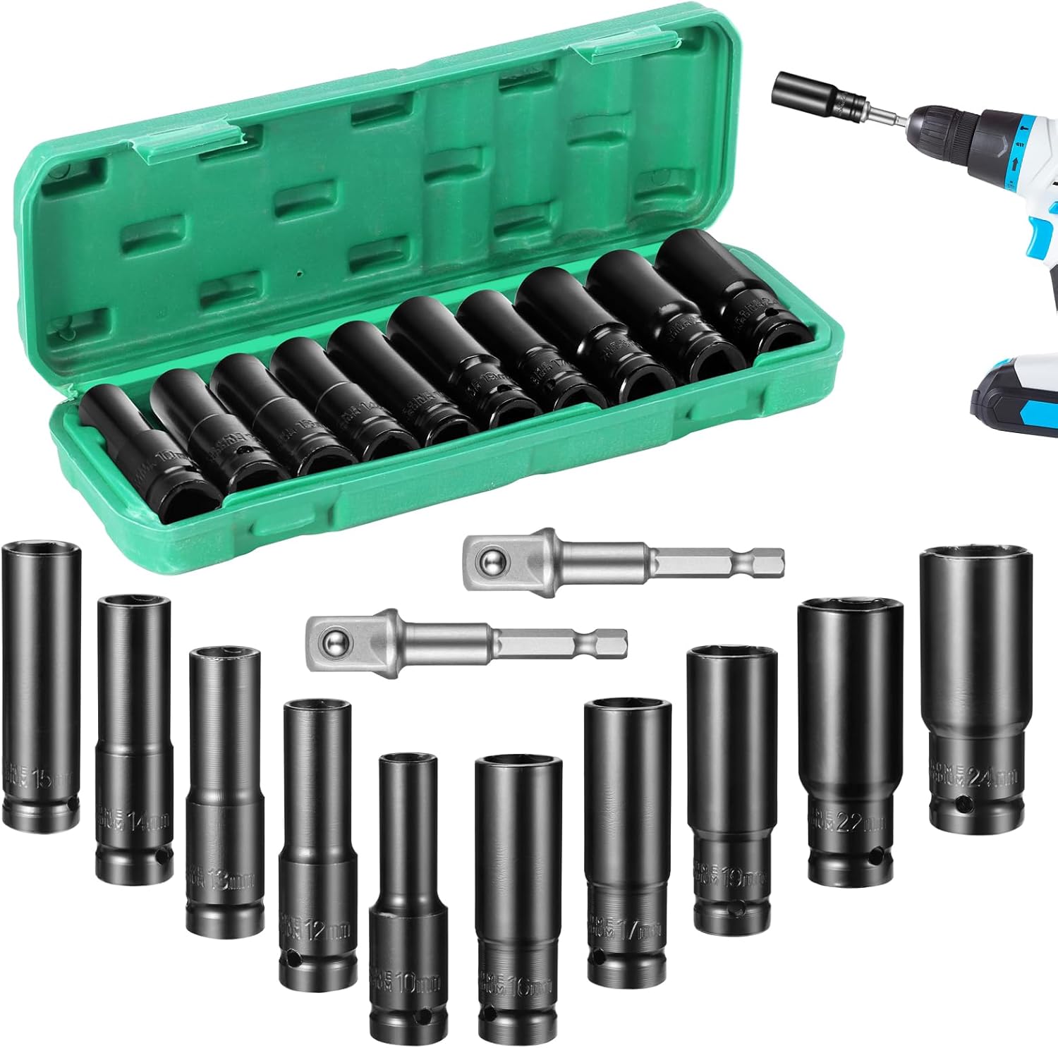 1/2" Drive Metric Impact Socket Set (10–24mm), 10-Piece Heavy Duty Impact Sockets with 2 Extension Bars, Deep Impact Socket Kit for Impact Wrench & Automotive Repair