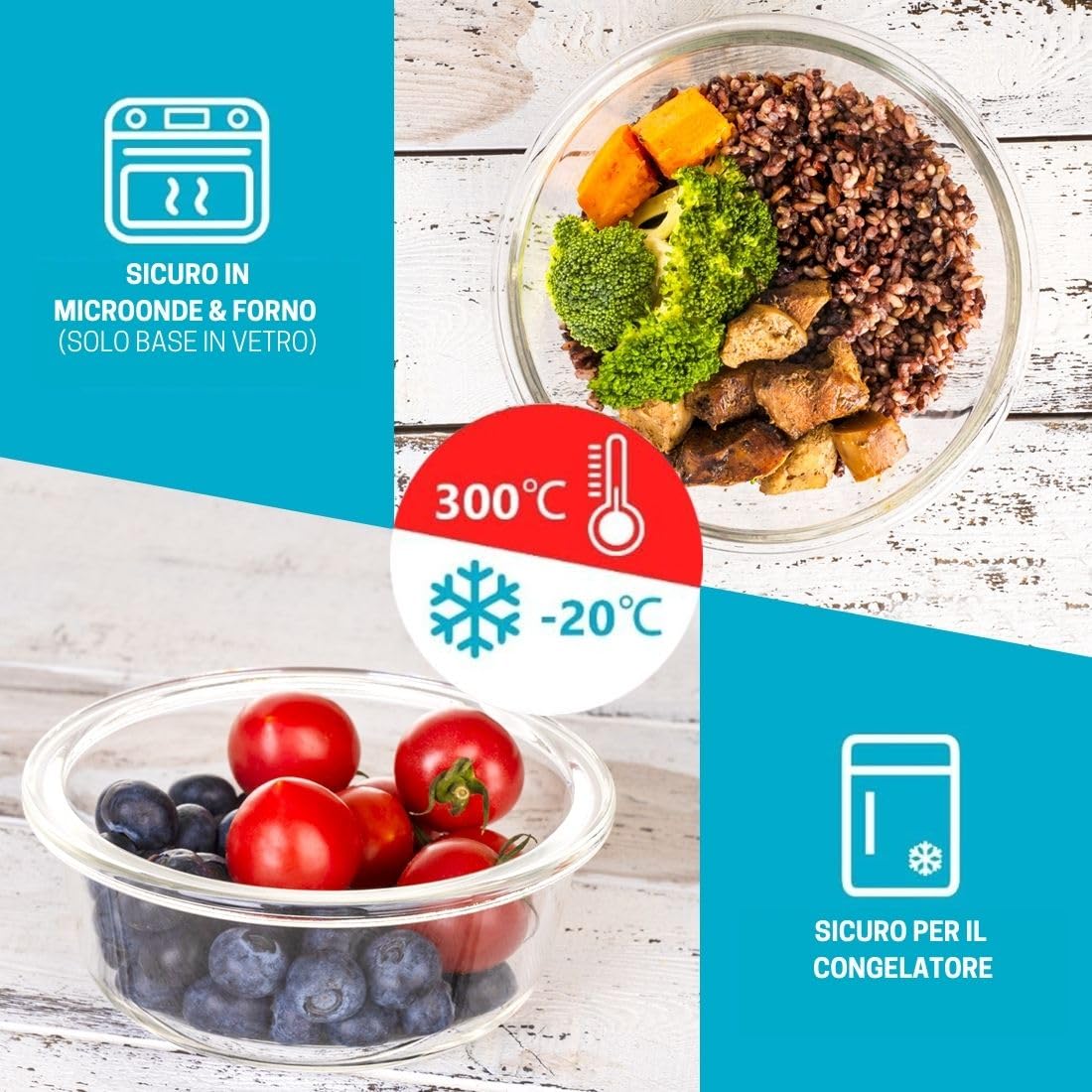 Igluu Meal Prep Contenitori Ermetici per Alimenti in Vetro Tondi con Coperchi con Valvola d’Aria (Set da 5+Coperchio Extra) – Senza BPA – Forno, Microonde, Freezer e Lavastoviglie –950ml– Borosilicato