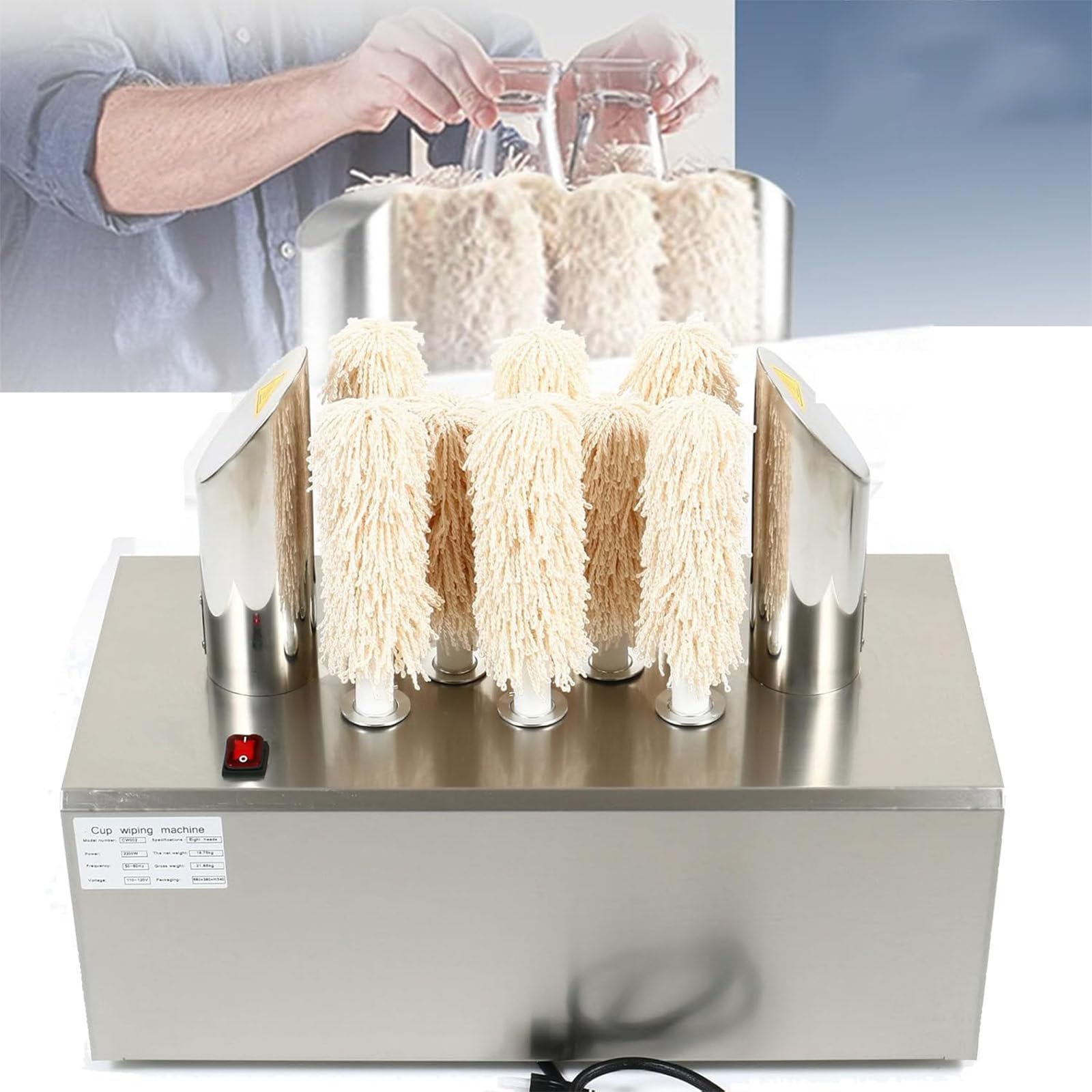 JKJZSALJ Commercial Glass Polisher, 5 Microfiber Brushes, 660 Cups/Hour, Warm Air Drying, For Bars Restaurants Hotels,8Heads
