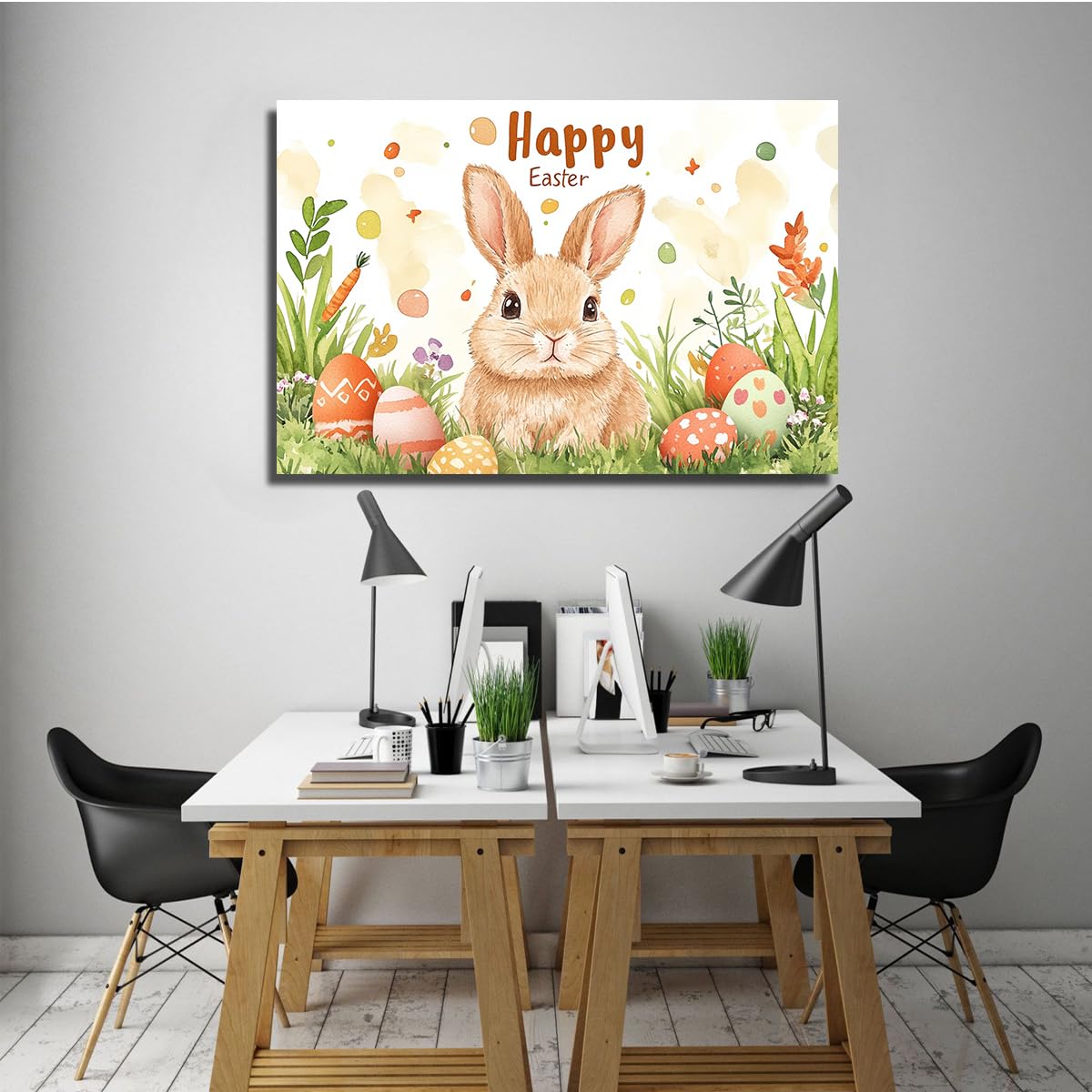TOANGWALL Obraz ścienny na płótnie królik Szczęśliwa scena wielkanocna w ogrodzie akwarela jajka marchew plakat ścienny wiosna dekoracja sypialni 80 x 120 cm