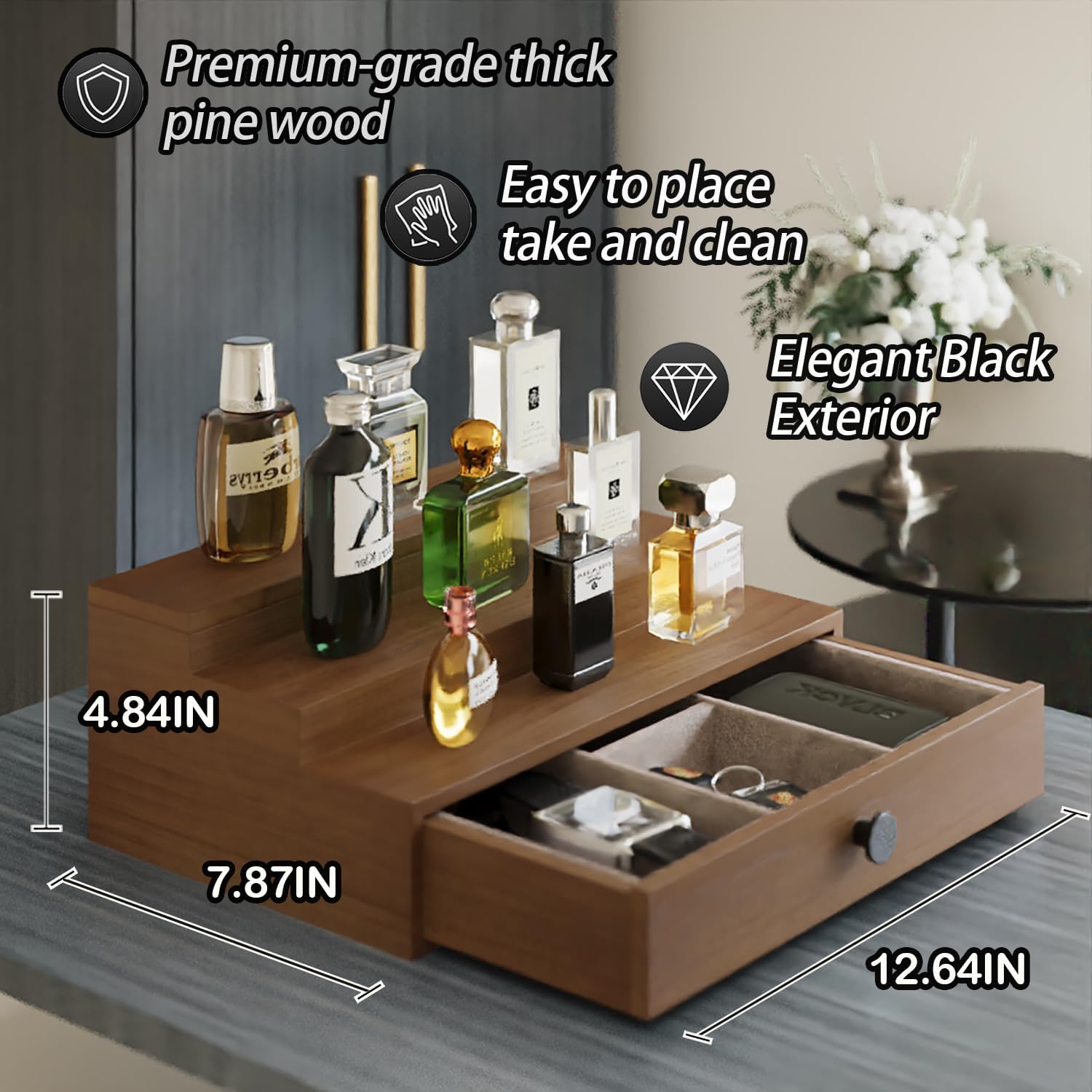 Pine Wood Cologne Stand Organizer for Men, 3 Tier Cologne Display Shelf Organizer with Hidden Compartment and Velvet Lining Drawer, Perfume Display Holder (Brown-basic, 01)