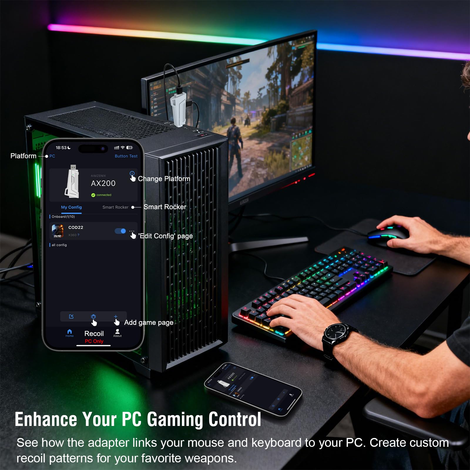 Joso AX200, KPC, funzione di ricarica dell'unità operativa, supporto associato, controllo di retromarcia, funzione di manovra intelligente, TPS, FPS, la versione perfetta di APEX, PUBG, gioco di