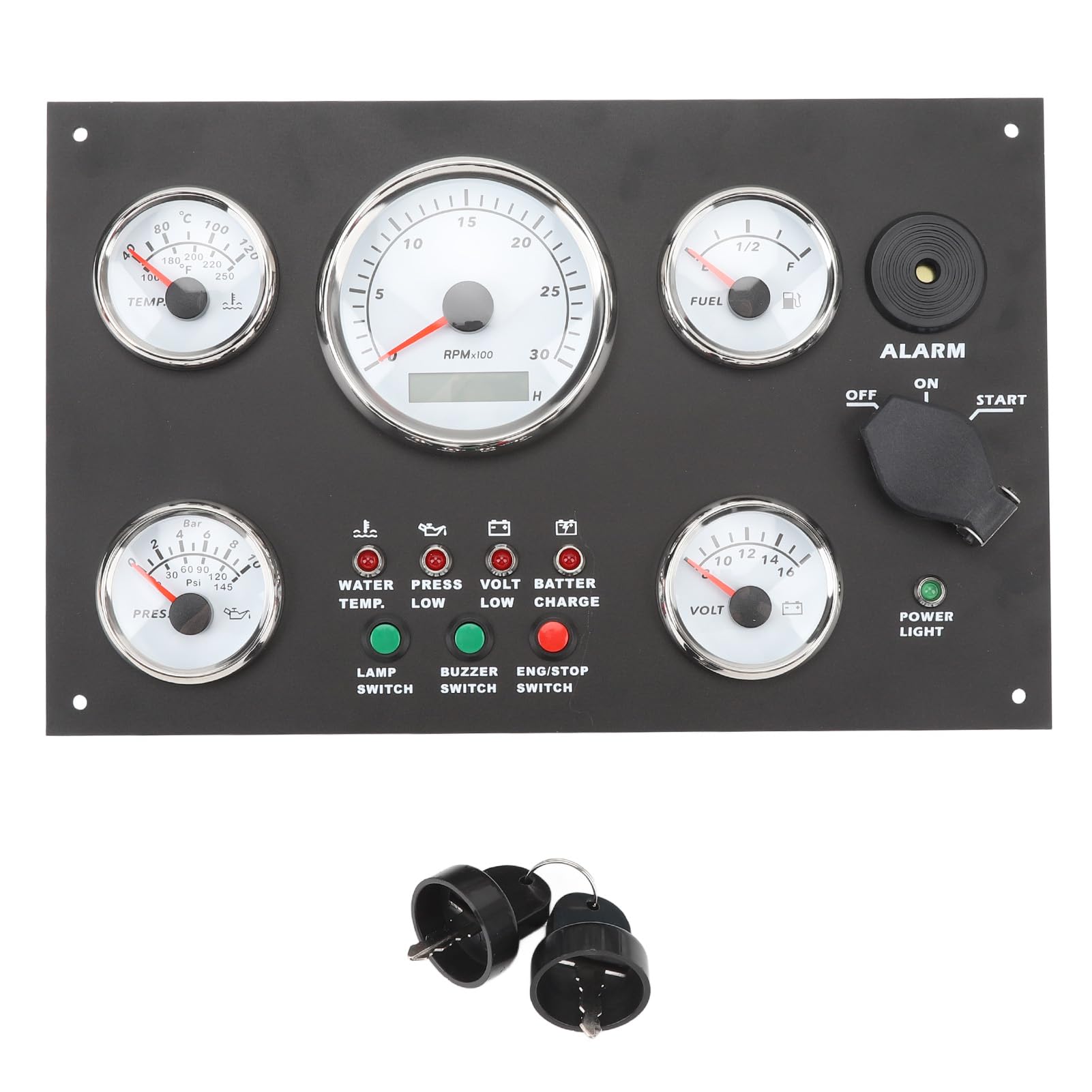 Panel de calibre Torvex, 300 x 190 mm, panel de instrumentos para barco, tacómetro, medidor de tablero, 0-3000 RPM, temperatura del agua, presión de aceite para yate (Blanco 12V)