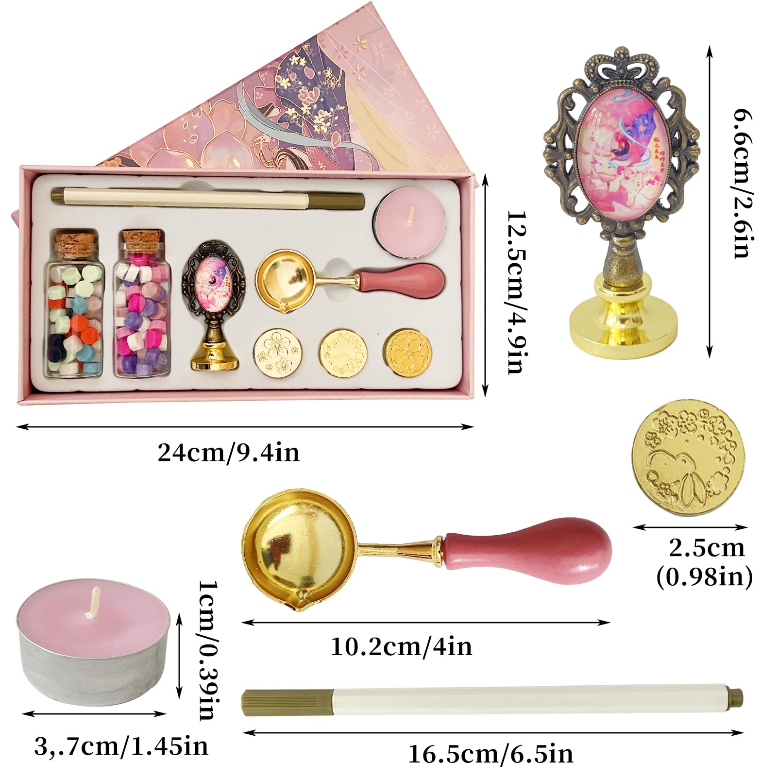 Wax Seal Stamp Kit - 4 Brass Stamps, 120 Wax Beads, Tealights & Floral Brooch - Perfect for Wedding Invitations & DIY Crafts