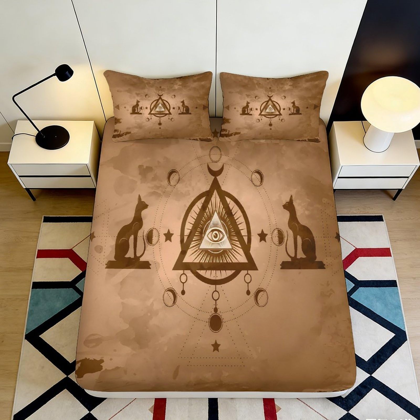3D Printed Ancient Egypt Fitted Sheet Microfiber Soft Breathable Mystic Cat Bed Cover for Bedroom Dormitory Guest Room Mattress Protection Decor 90x200x25cm