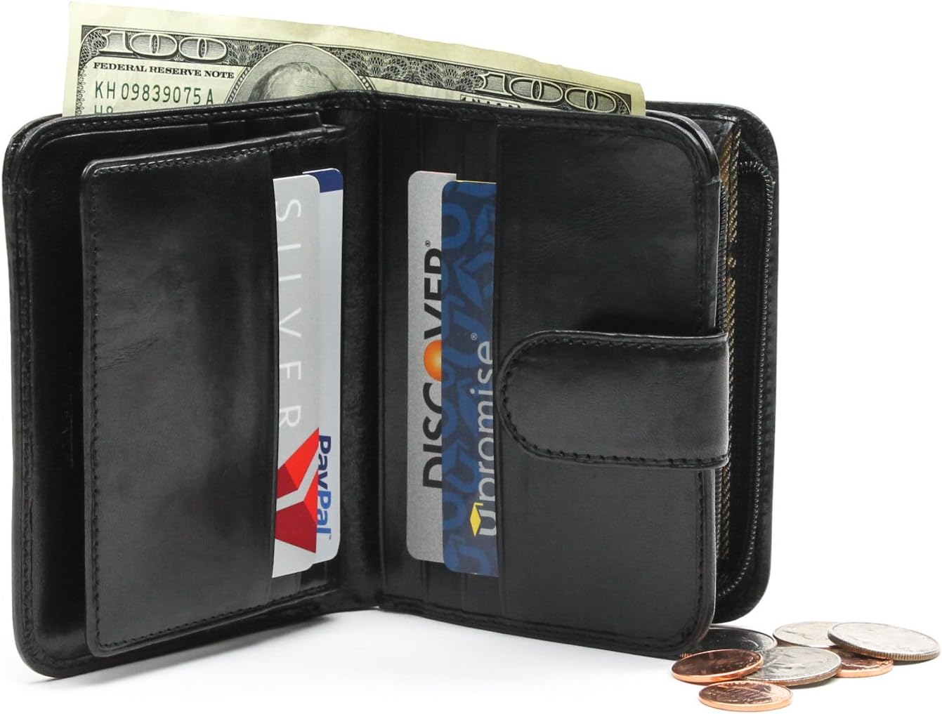 Tony Perotti Womens Italian Bull Leather Compact Clutch Credit Card Wallet with ID and Zippered Coin Pocket in Black